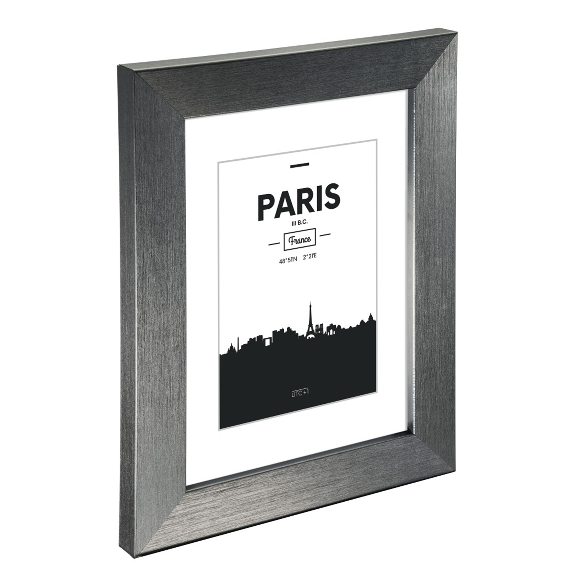 Grauer Bilderrahmen mit Skyline von Paris, Eiffelturm und Koordinaten.