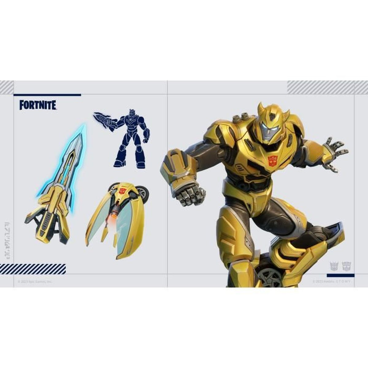 Logo Fortnite con Bumblebee giallo dei Transformers e armi.