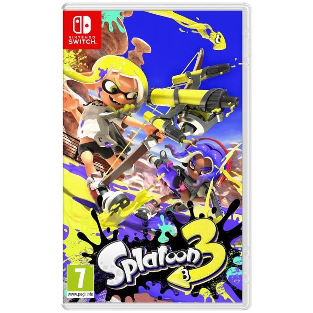 Splatoon 3 Cover: Zwei Charaktere mit Waffen auf blauem Hintergrund.