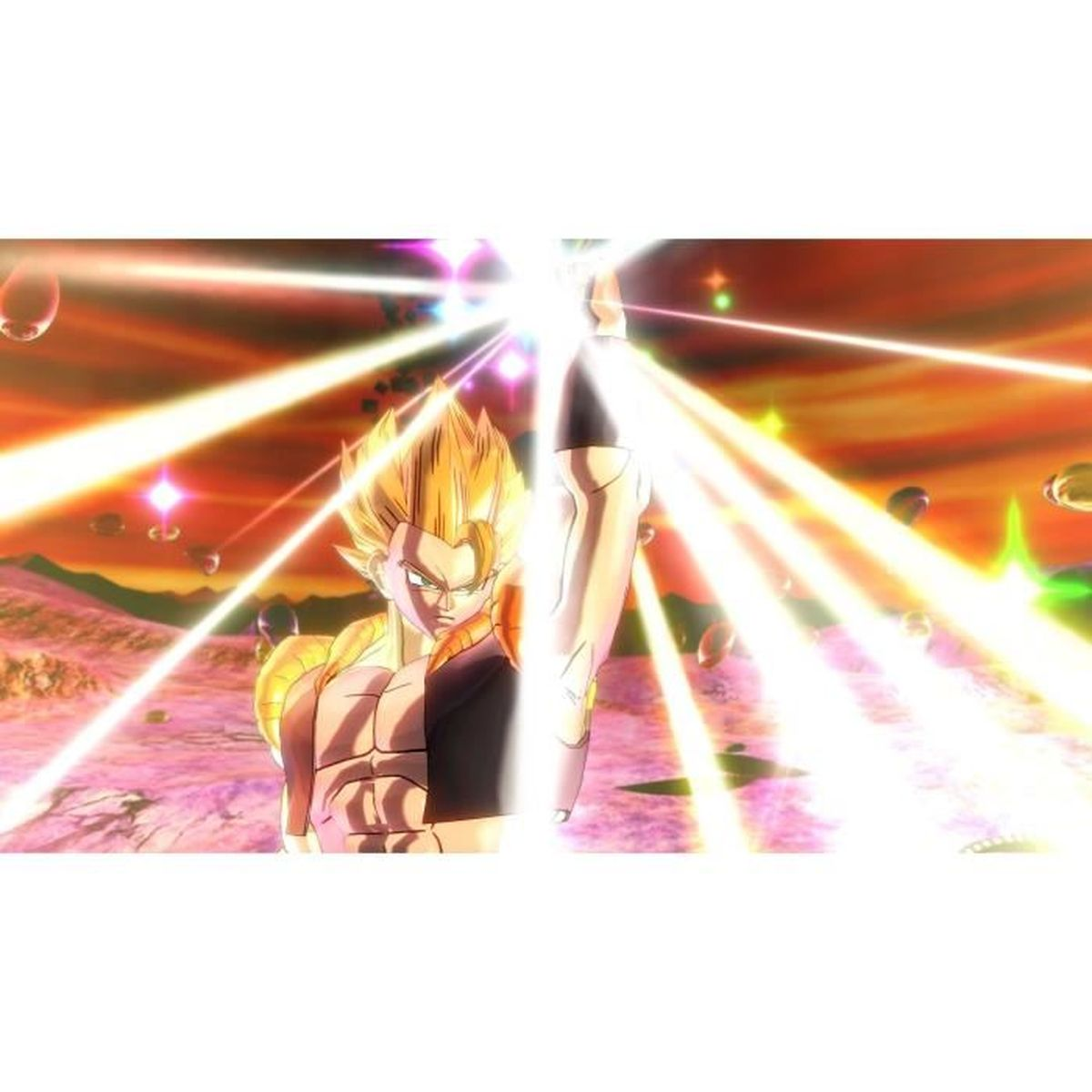 Personaggio anime con capelli gialli spara un raggio di luce. Cielo arancione.