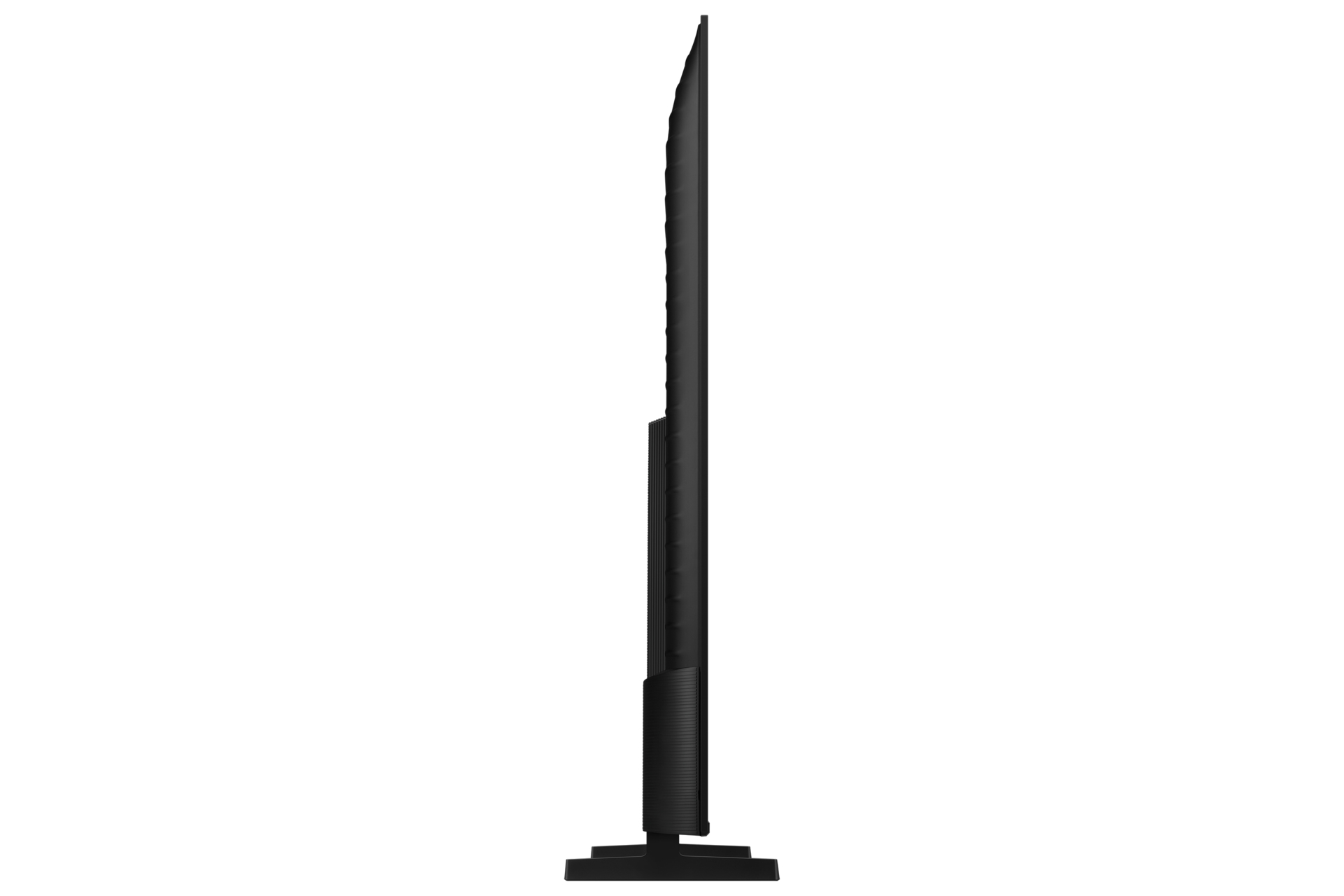 Czarny telewizor na stojaku, widziany z boku.