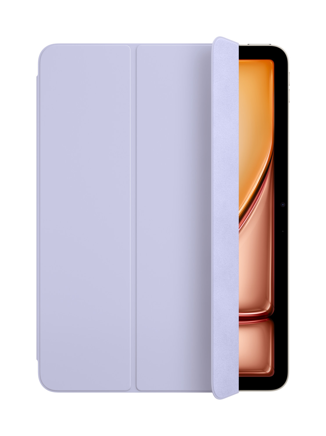 Ein lila Tablet-Cover ist teilweise geöffnet und zeigt ein goldenes Display.