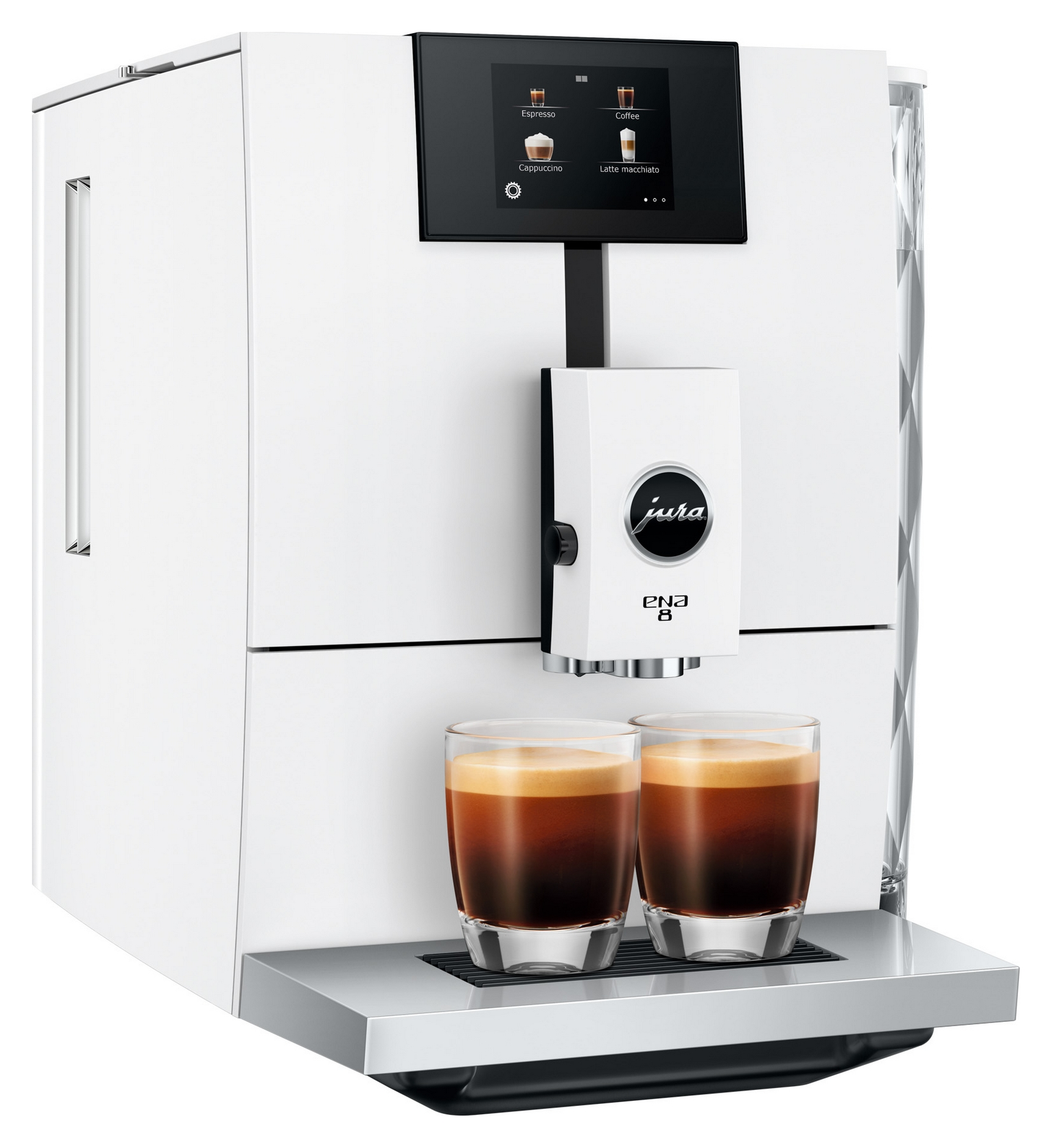 Una macchina da caffè bianca con due bicchieri di espresso e un display touch.