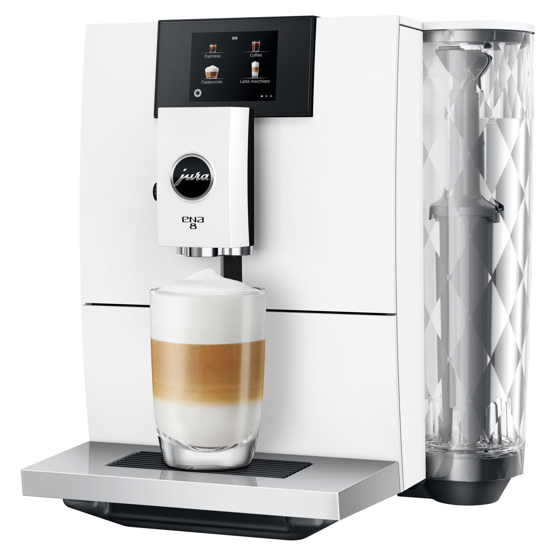 Macchina da caffè bianca con bicchiere di latte macchiato e schermo con opzioni caffè.