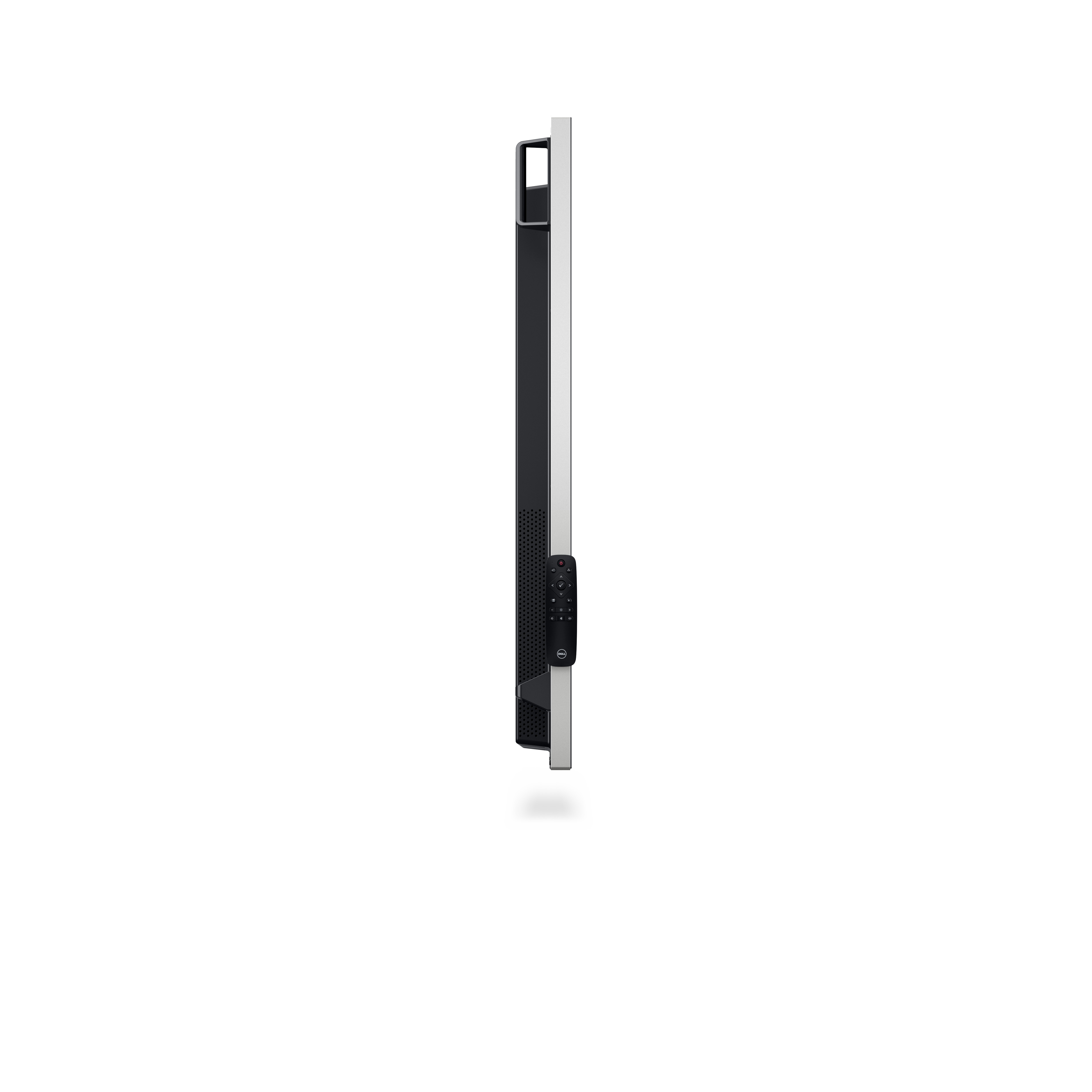 Monitor Dell nero con cornice argento e telecomando accanto.