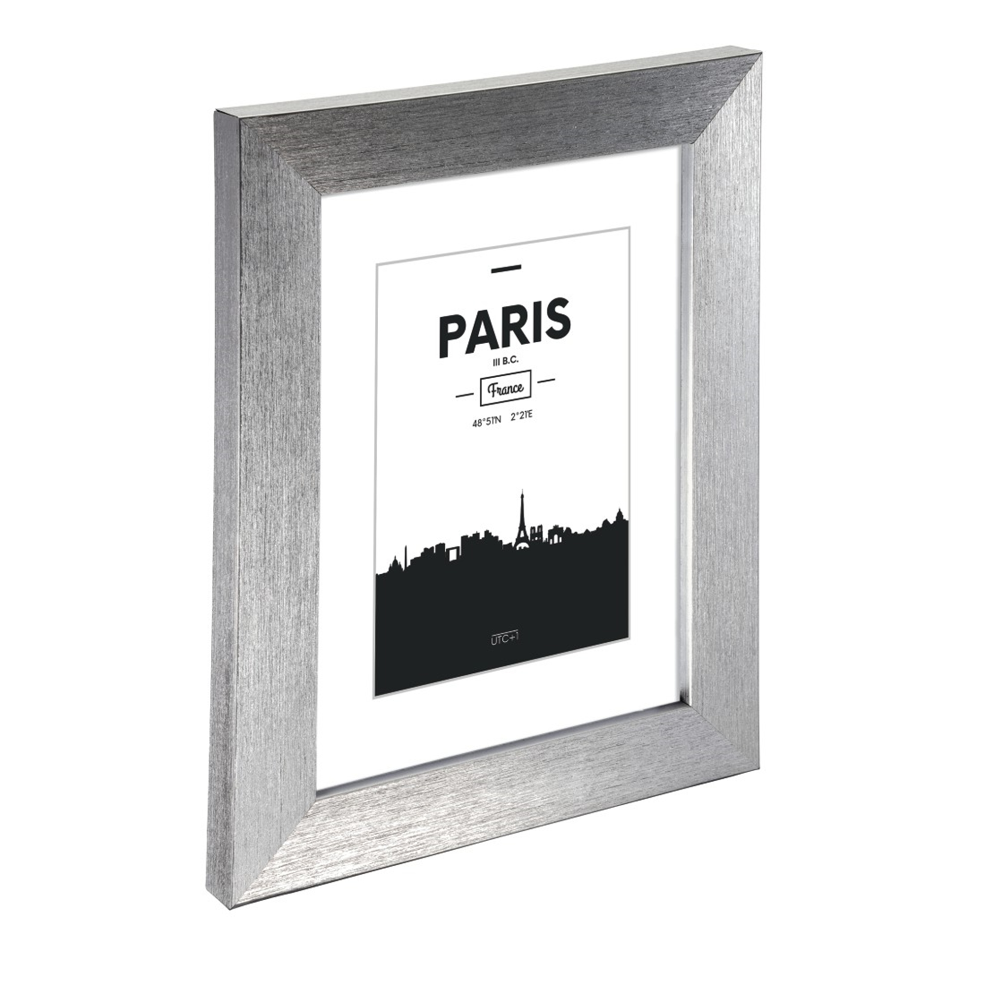 Ein silberner Bilderrahmen mit einer Silhouette von Paris und Koordinaten.