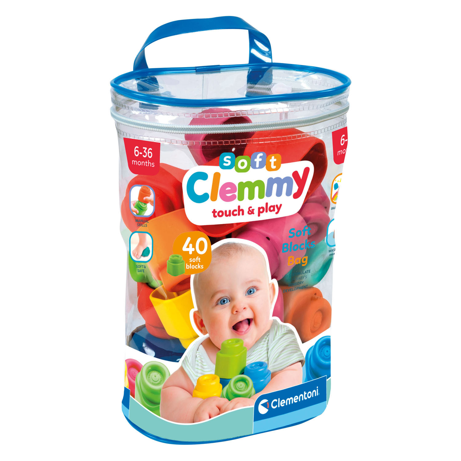 Eine durchsichtige Tasche mit bunten weichen Klemmbausteinen und einem Babybild.