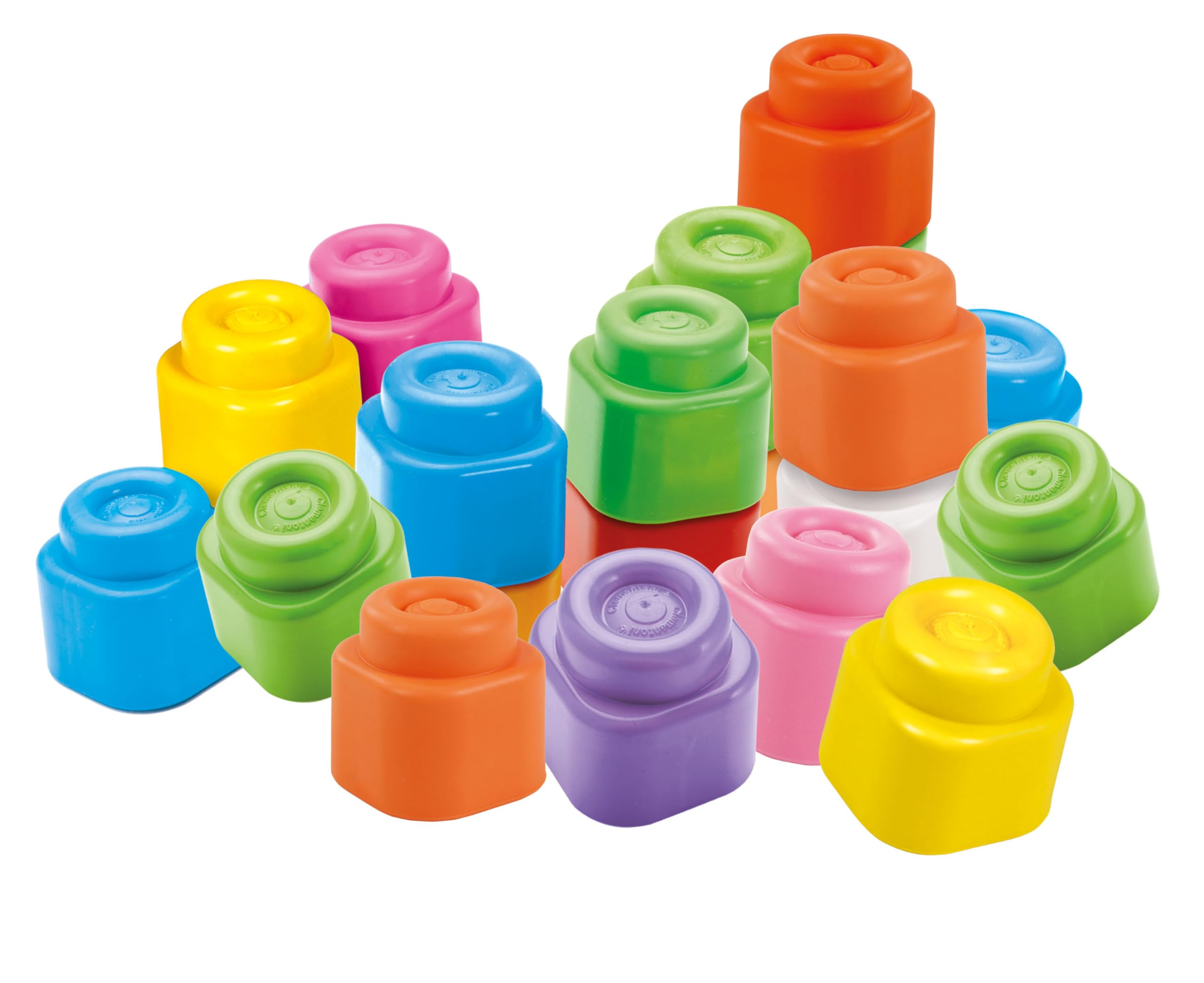 Bunte Bausteine in Gelb, Rosa, Blau, Grün, Orange und Lila sind auf weißem Hintergrund angeordnet.