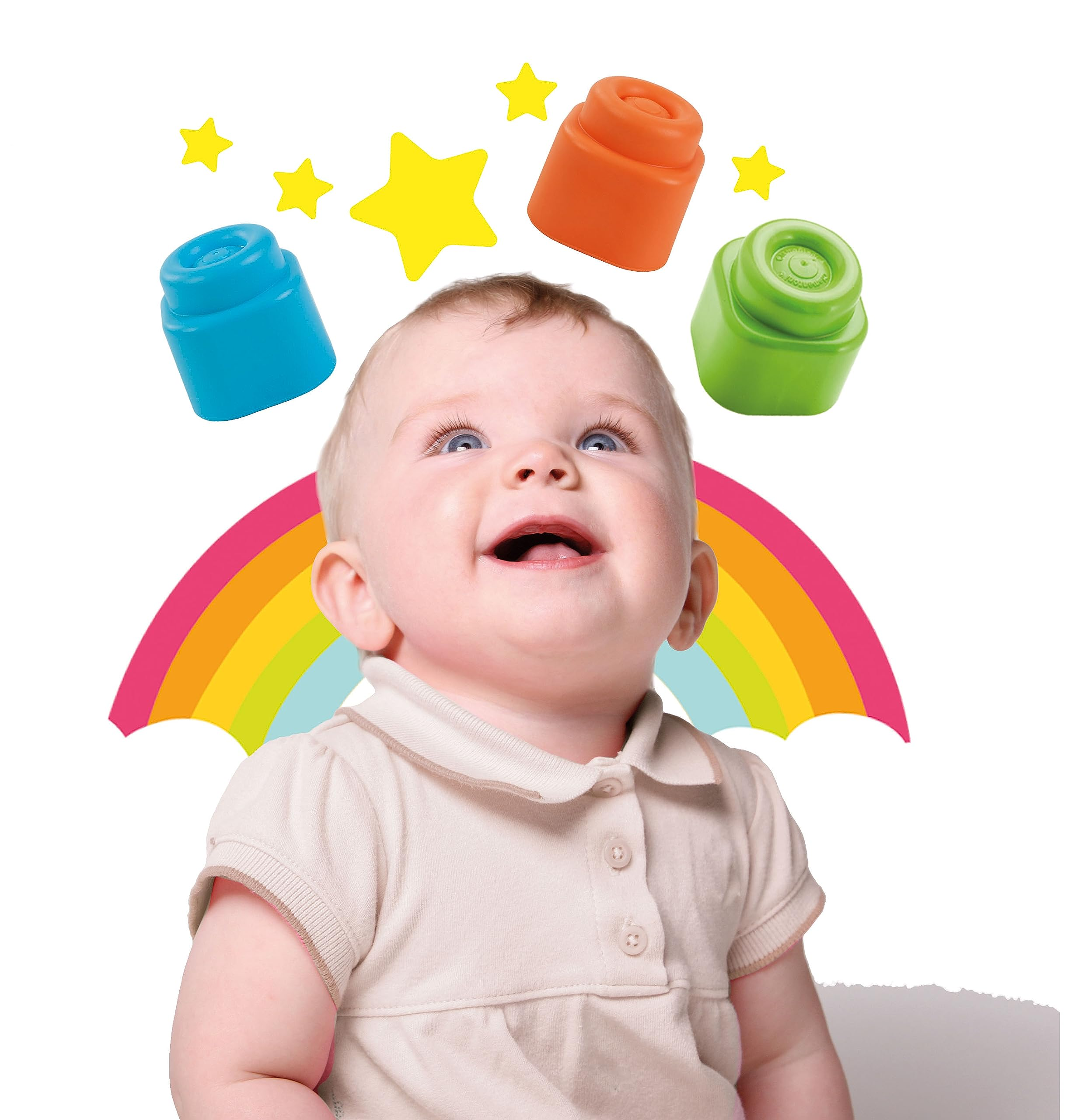 Baby blickt nach oben, umgeben von Sternen, einem Regenbogen und bunten Bausteinen.