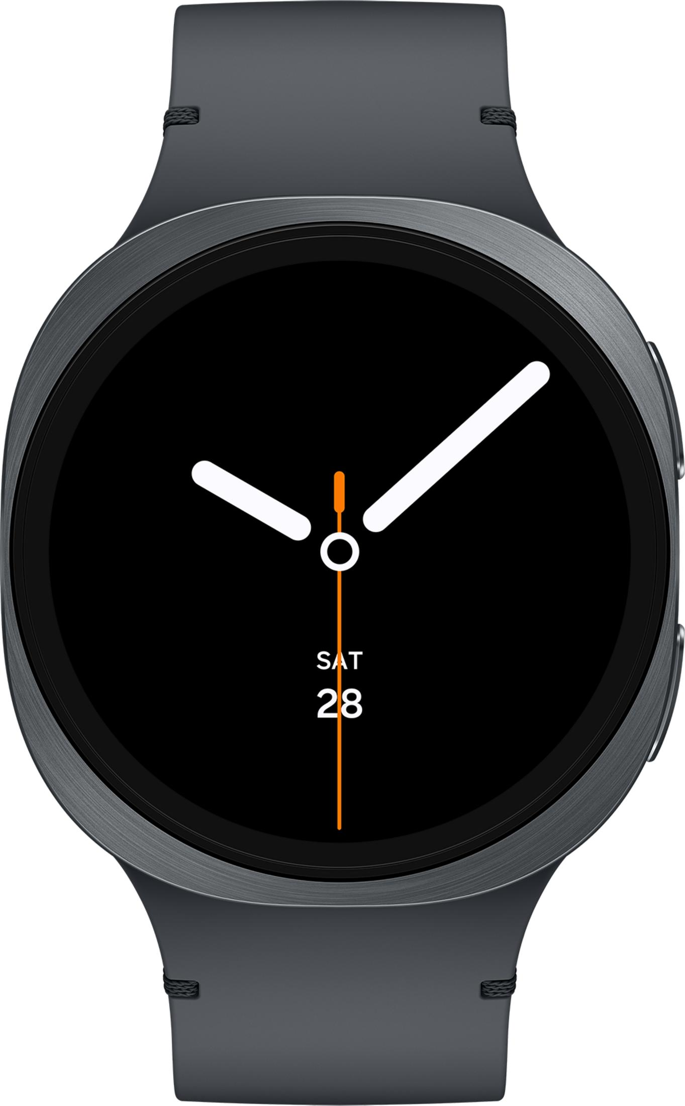 Graue Smartwatch mit schwarzem Zifferblatt, weißen Zeigern und Datum.