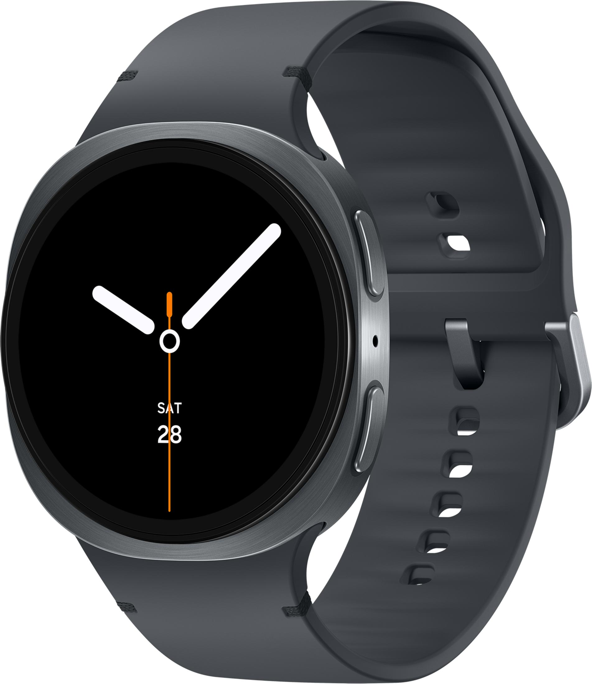 Dunkelgraue Smartwatch mit schwarzem Zifferblatt, weißen Zeigern und Datumsanzeige.
