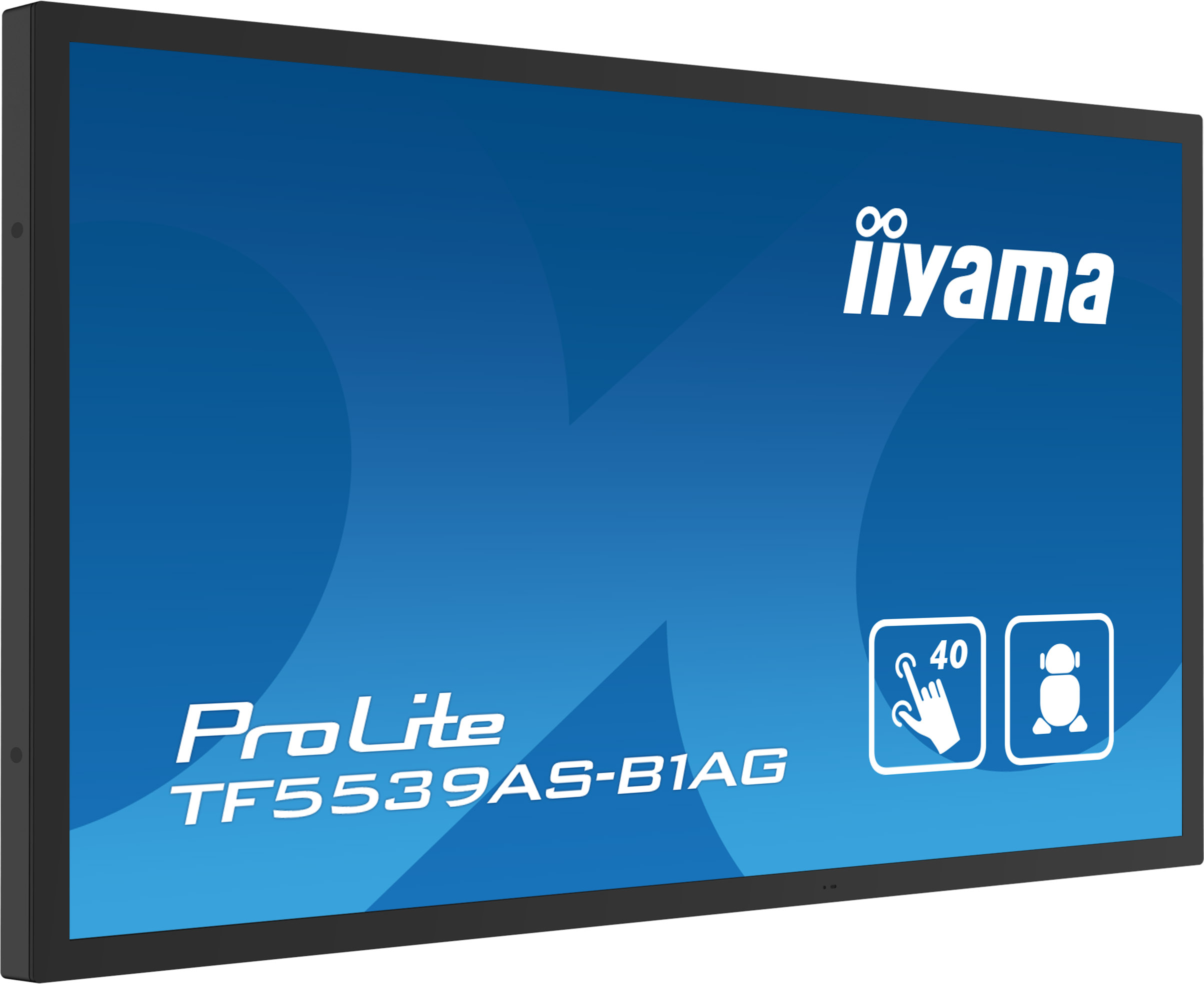Czarny monitor dotykowy Iiyama ProLite TF5539AS-B1AG z niebieską grafiką tła.