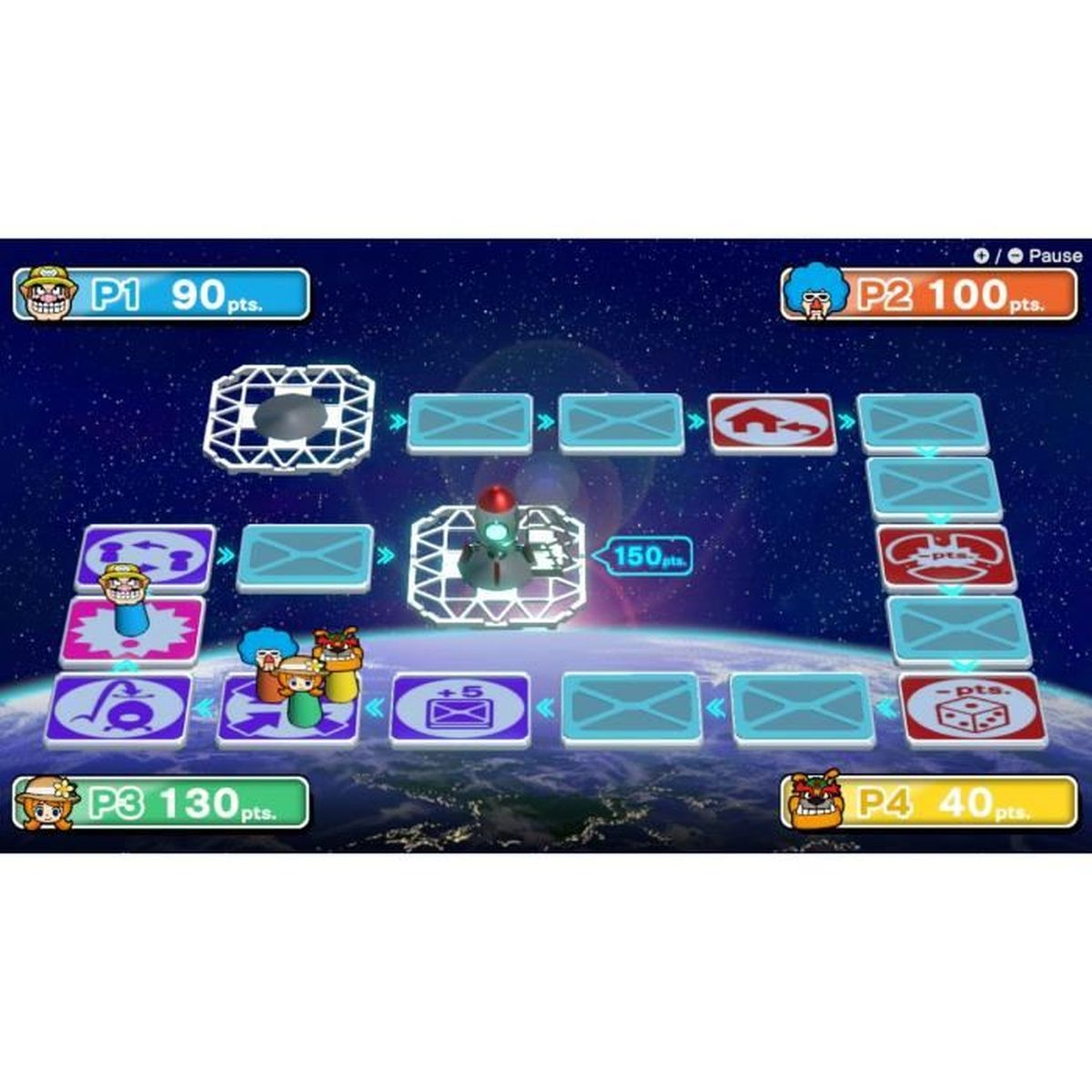 Schermata videogioco: P1 90pts, P2 100pts, P3 130pts, P4 40pts. Sfondo spaziale.