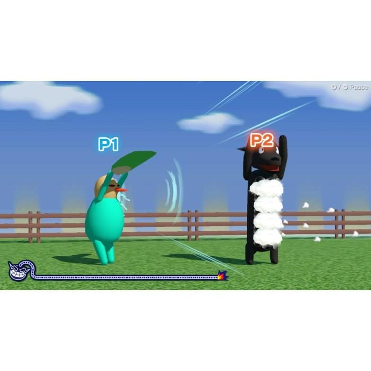 Due personaggi, P1 e P2, giocano a un gioco in un campo sotto un cielo blu.