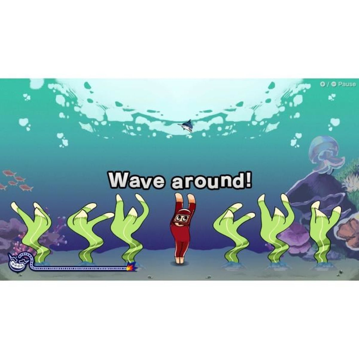 Scena sottomarina con personaggi dei cartoni animati e testo 'Wave around!'.