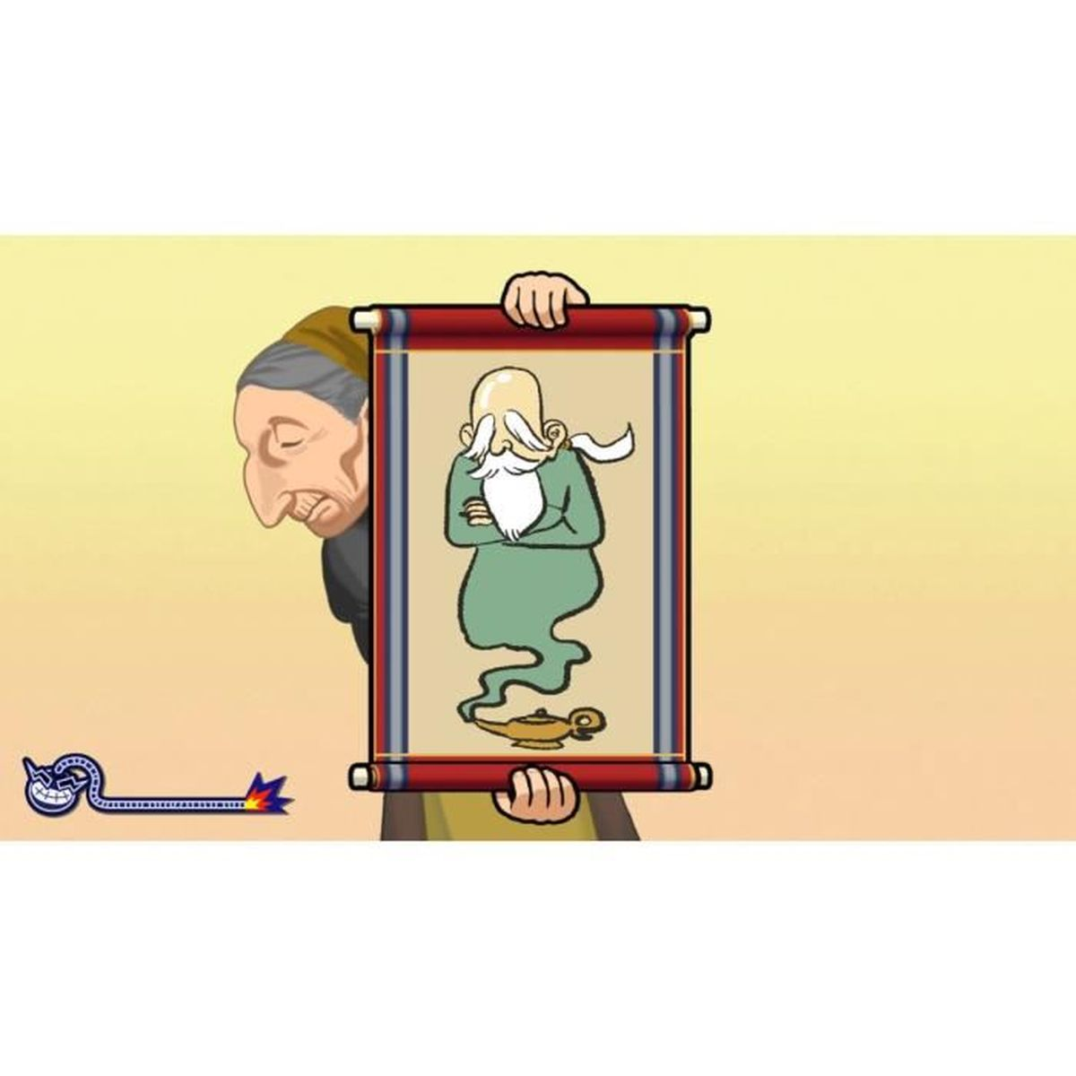Un vecchio tiene un rotolo con un genio e una lampada. Un serpente blu a sinistra.