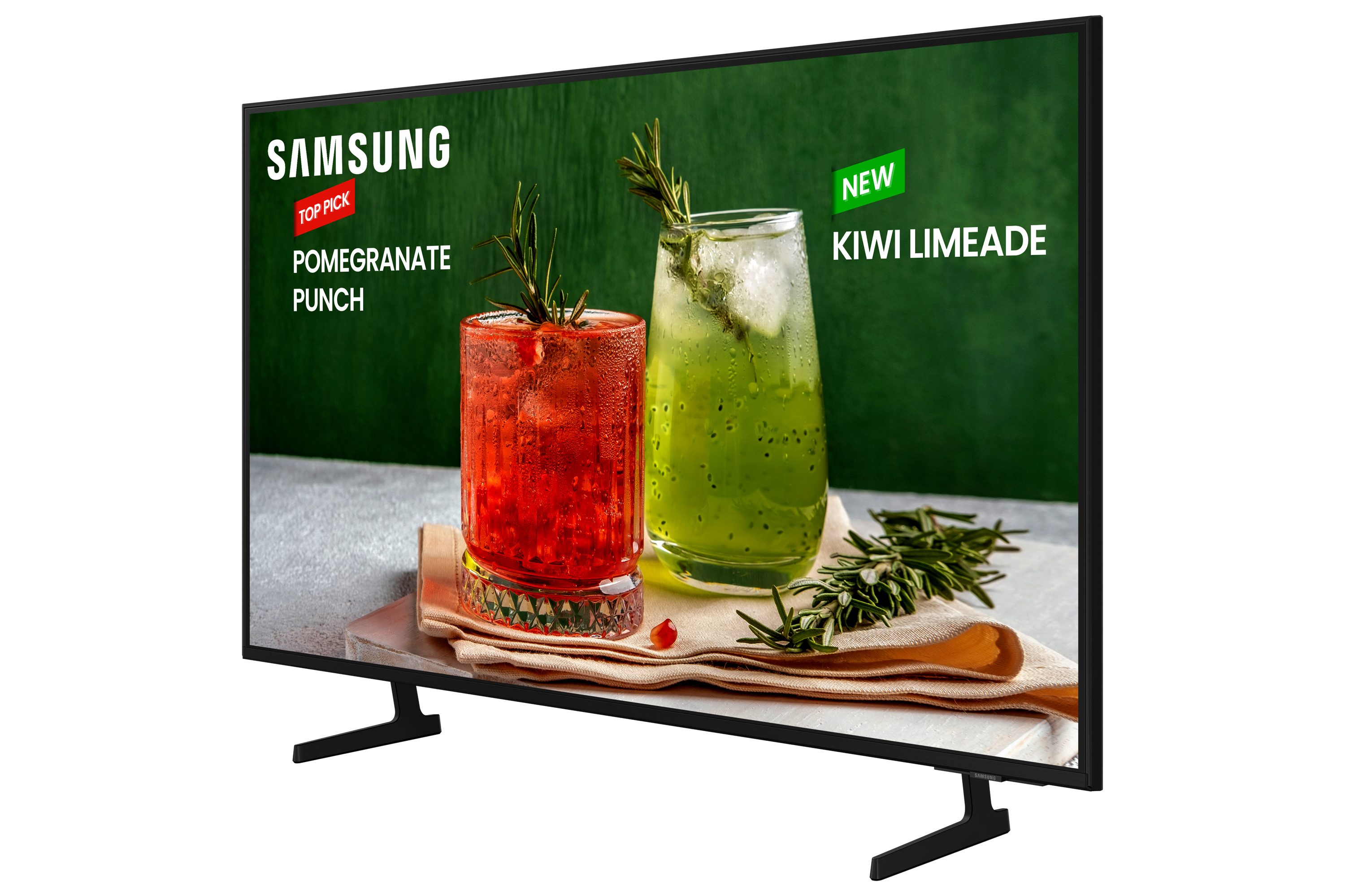 Telewizor Samsung wyświetla dwa napoje: Granatowy punch i Kiwi lemoniada.