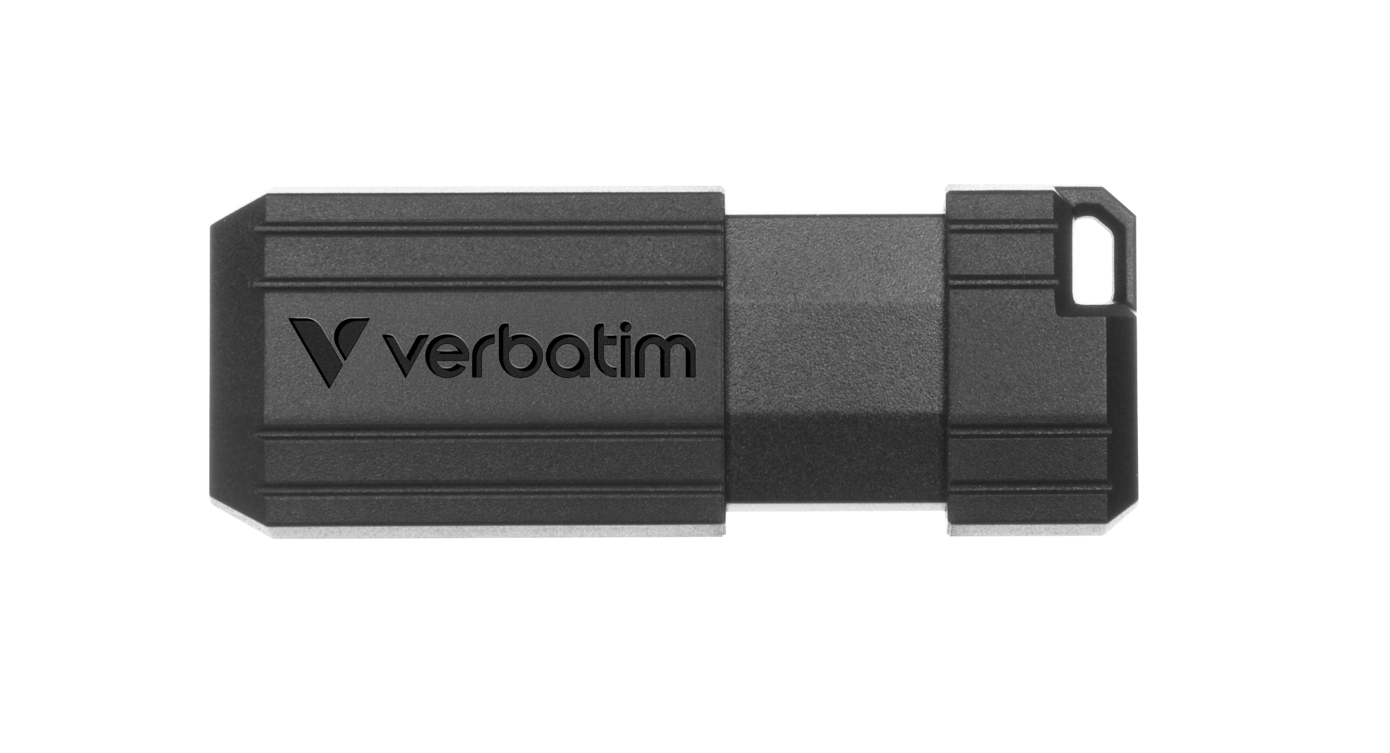 Ein dunkler, schiebbarer USB-Stick mit "Verbatim"-Logo auf weißem Hintergrund.