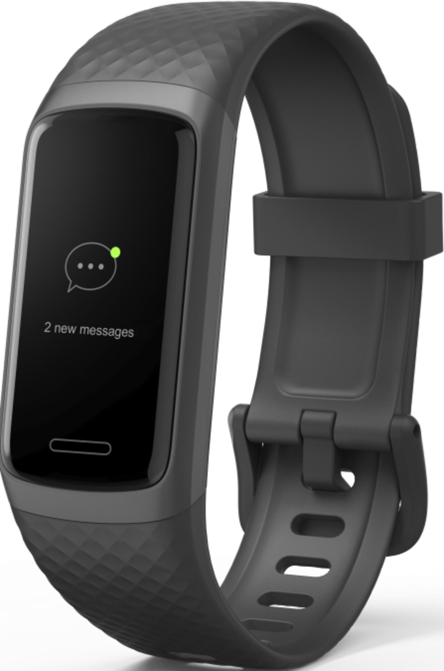 Fascia fitness nera con icona messaggio e testo '2 nuovi messaggi'.