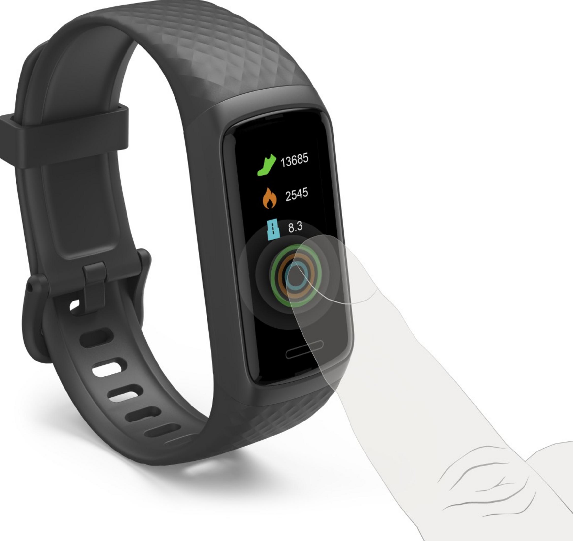 Fascia fitness nera con touchscreen che mostra passi, calorie e frequenza cardiaca.