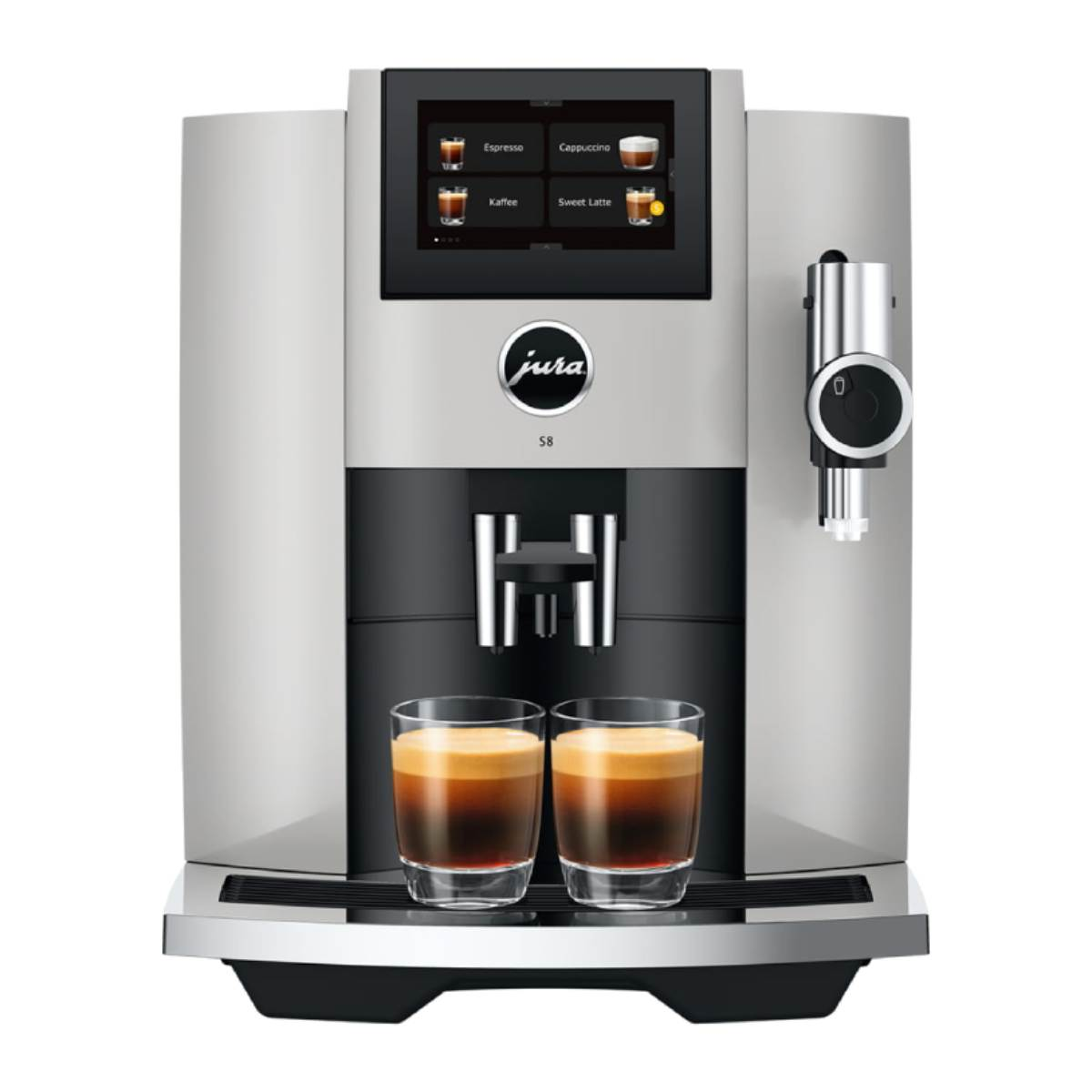 Una macchina da caffè argentata con due bicchieri di espresso in primo piano.