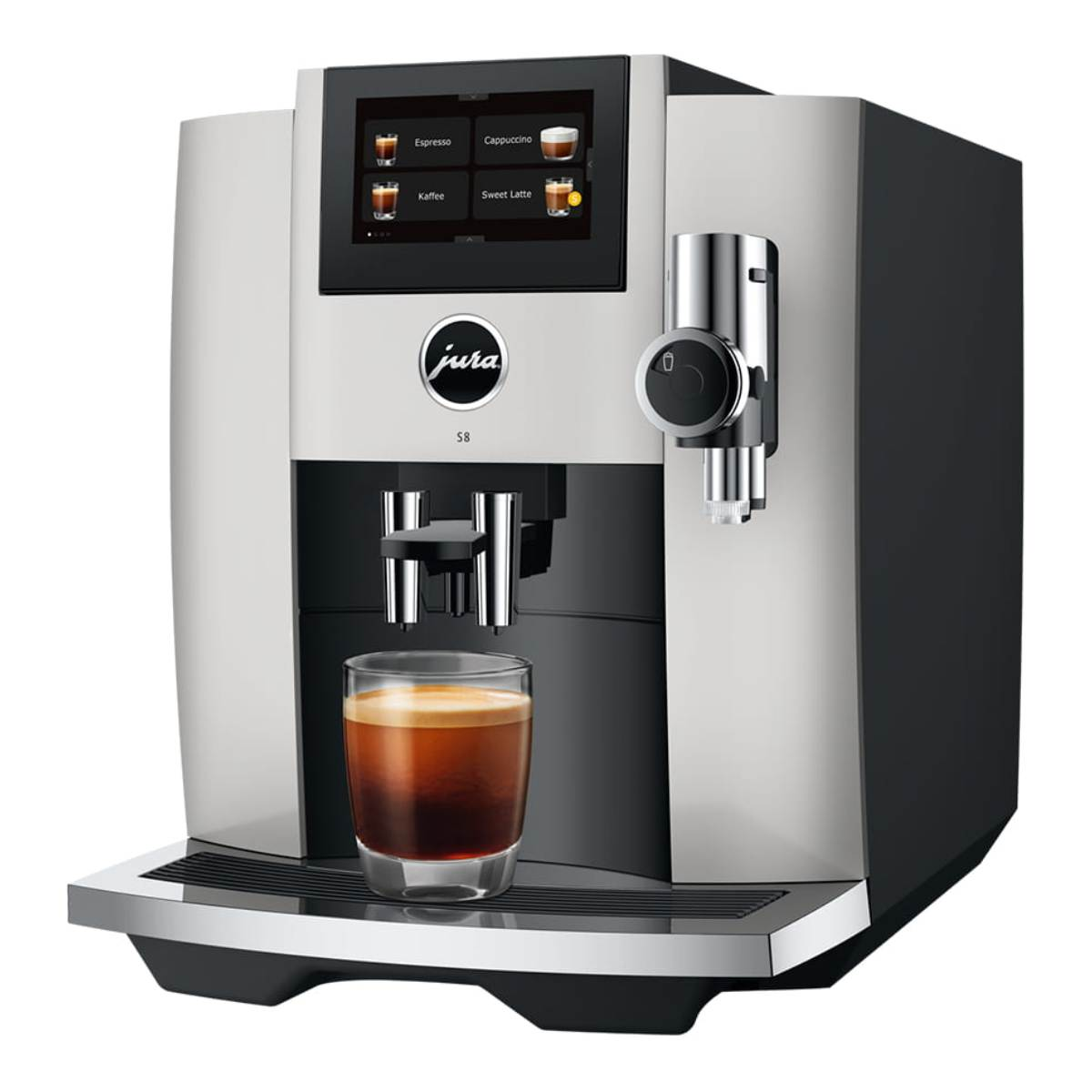 Una moderna macchina da caffè Jura S8 con un bicchiere di espresso davanti.