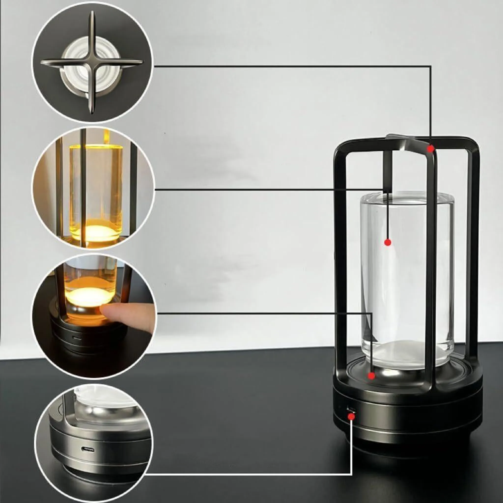 Moderner Kerzenhalter mit Glaszylinder und Metallgestell. Zeigt Details.