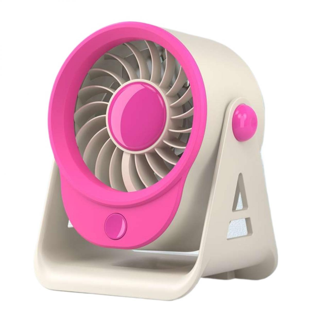 Ein kleiner, tragbarer Ventilator mit einem cremefarbenen Gehäuse und einem rosa Rand.