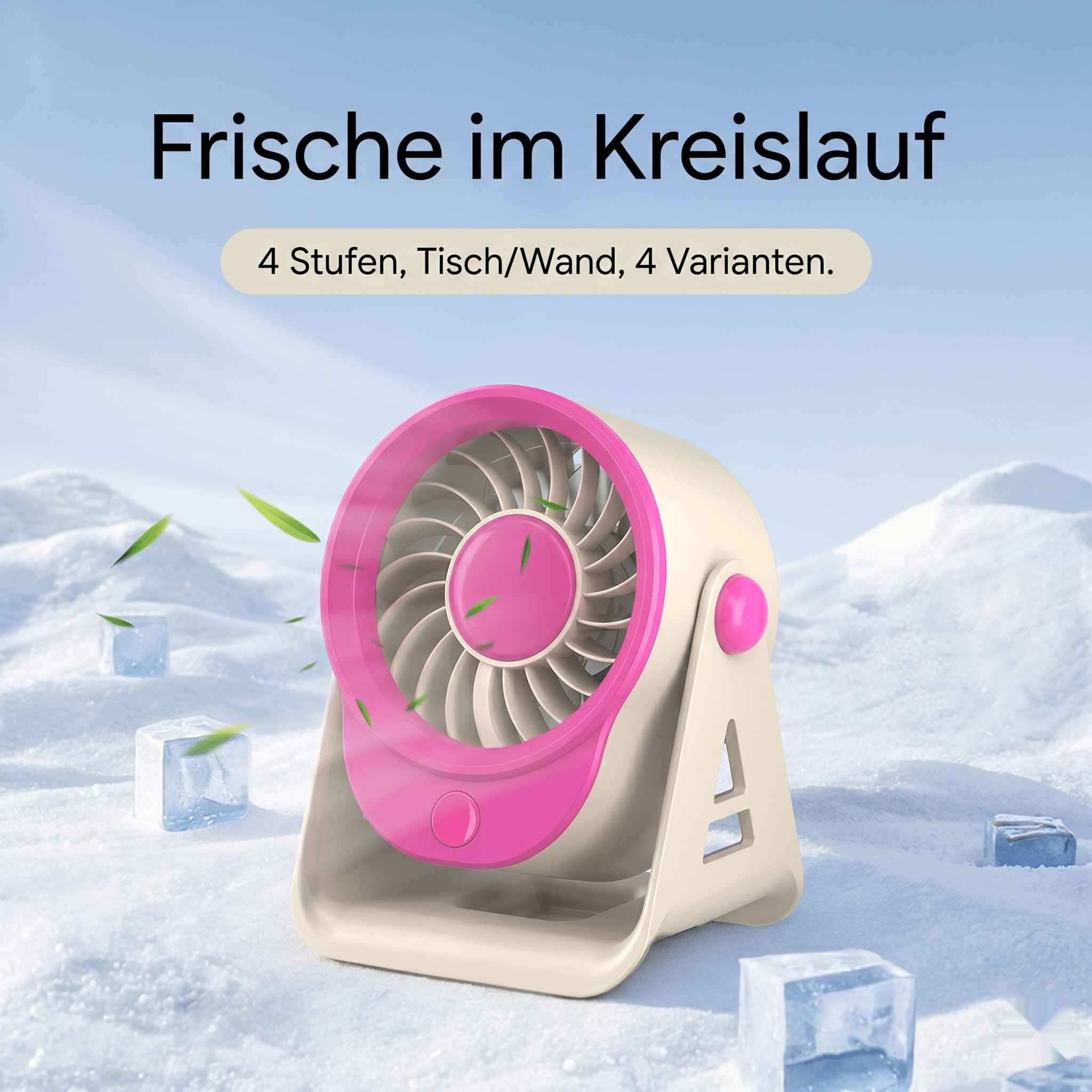 Ein kleiner Ventilator mit rosa und beigefarbenem Gehäuse steht im Schnee.