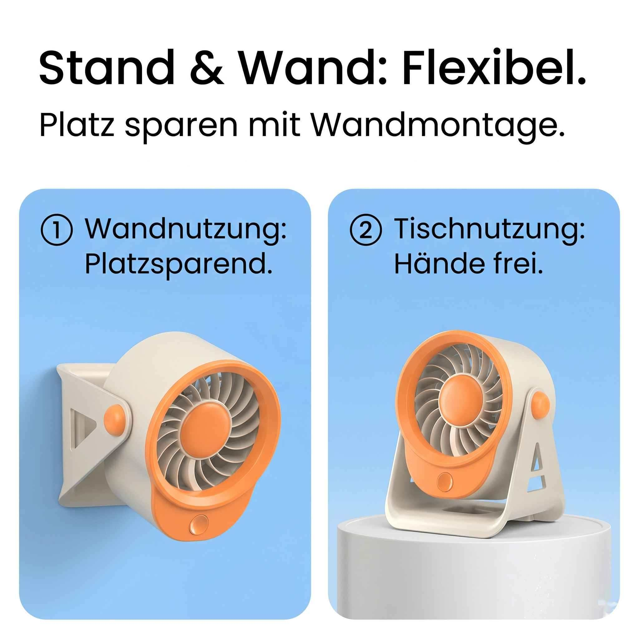 Ein weiß-orangener Ventilator, einmal an der Wand montiert, einmal auf einem Podest.