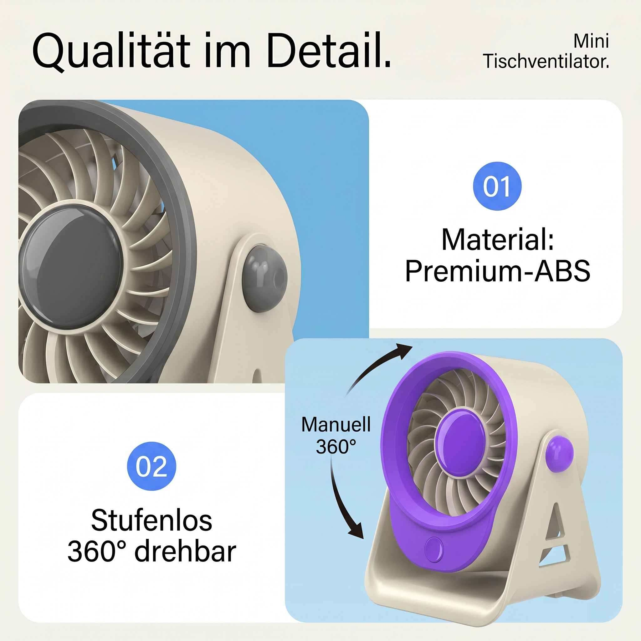 Ein beiger Mini-Tischventilator mit violetter Lüfterabdeckung und 360°-Drehung.