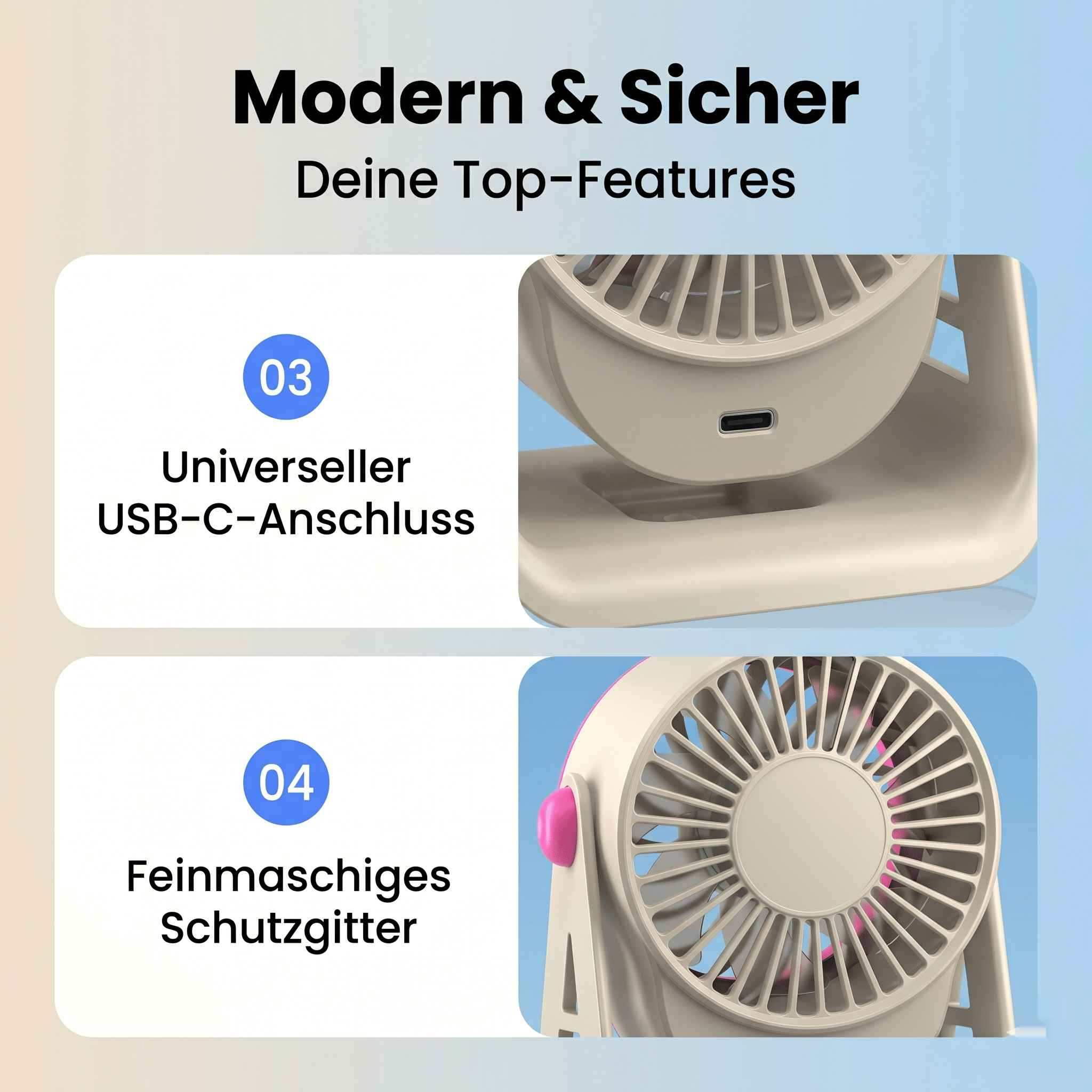Moderner Ventilator mit USB-C und feinem Schutzgitter.