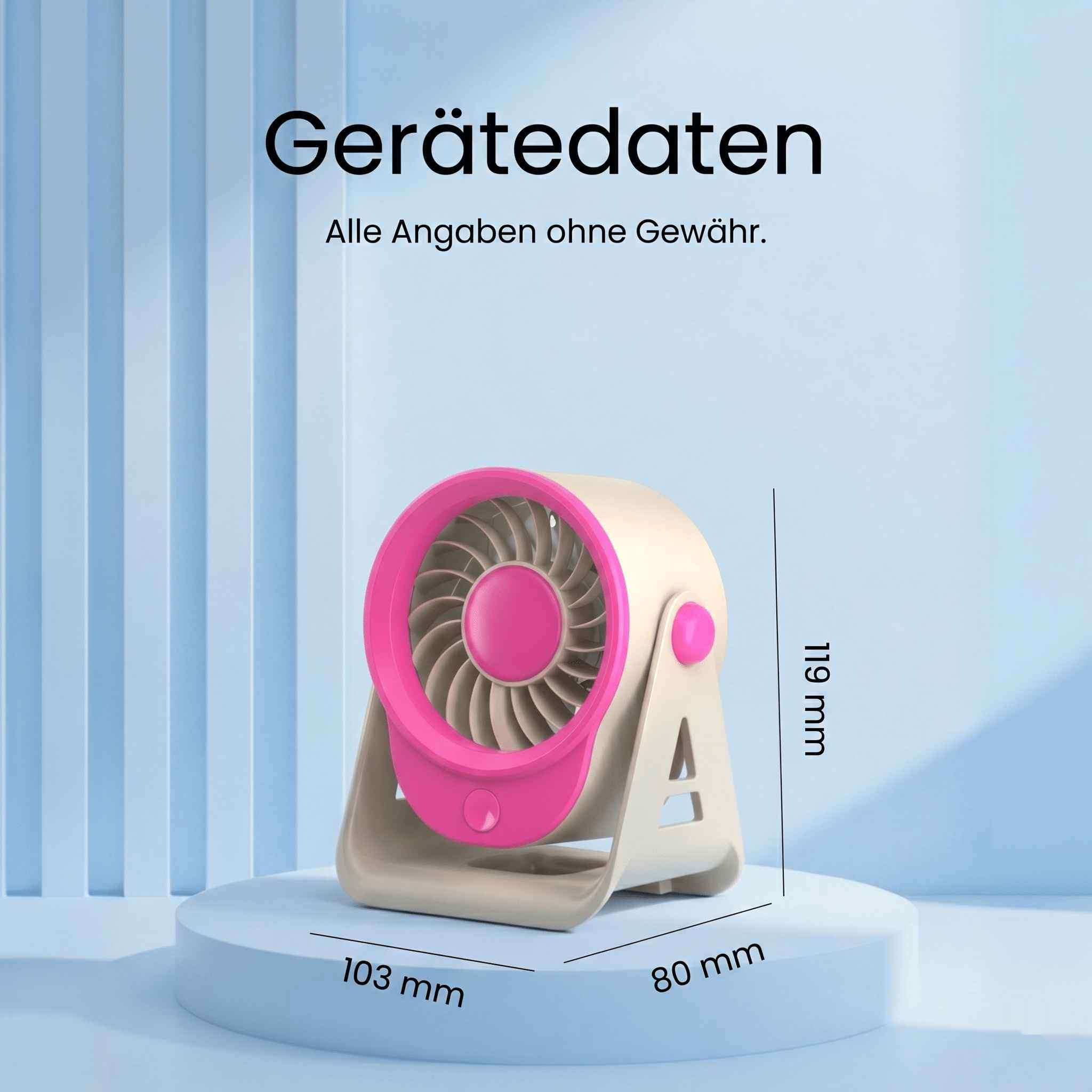 Ein kleiner, tragbarer Ventilator in Beige und Pink steht auf einem Podest. Maße: 103 mm, 80 mm, 119 mm.