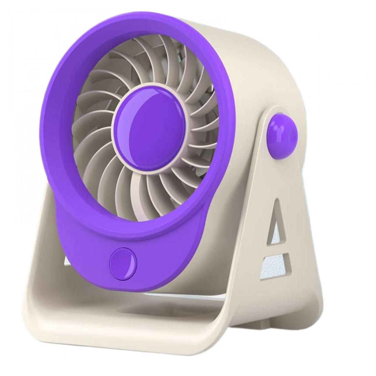 Ein kleiner, tragbarer Ventilator in Beige und Lila mit einem runden Rotor.