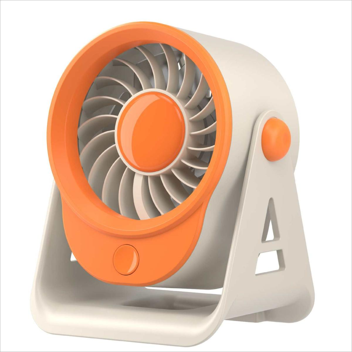 Ein kleiner, tragbarer Ventilator in Orange und Weiß mit einem runden Gitter und einem Knopf.