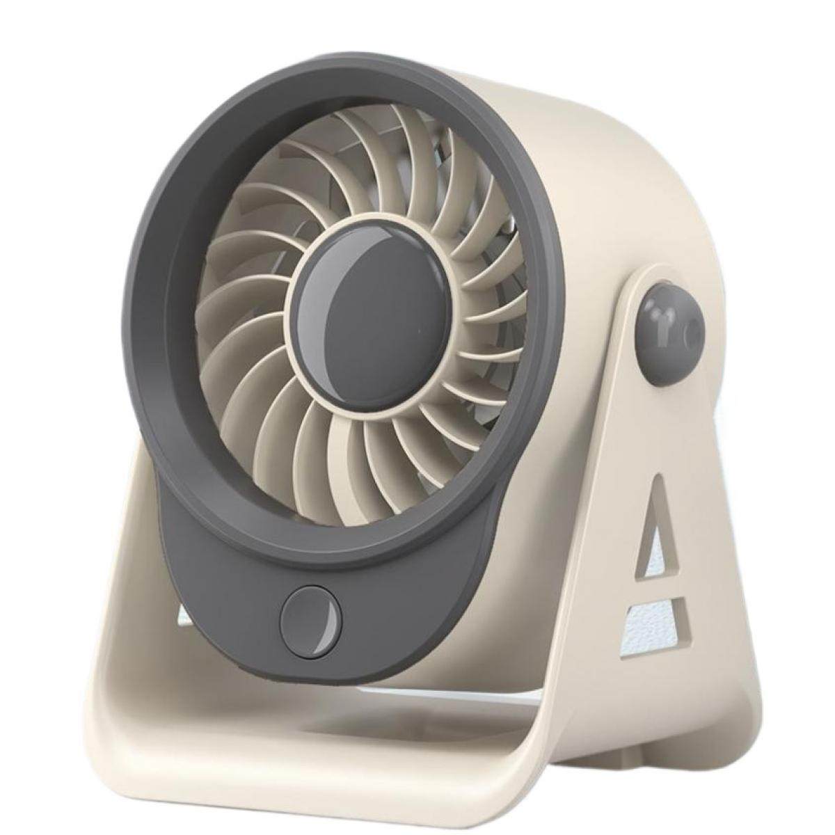 Ein kleiner, beigefarbener Tischventilator mit dunklem Rotor und Knopf.