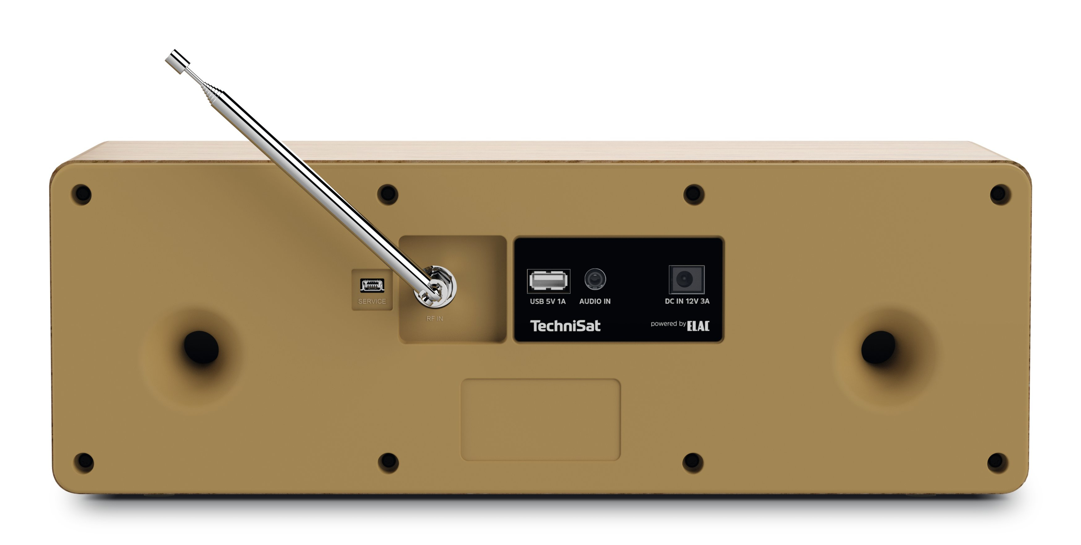 Tył beżowego radia z wysuniętą anteną, wejściami USB, Audio i DC.
