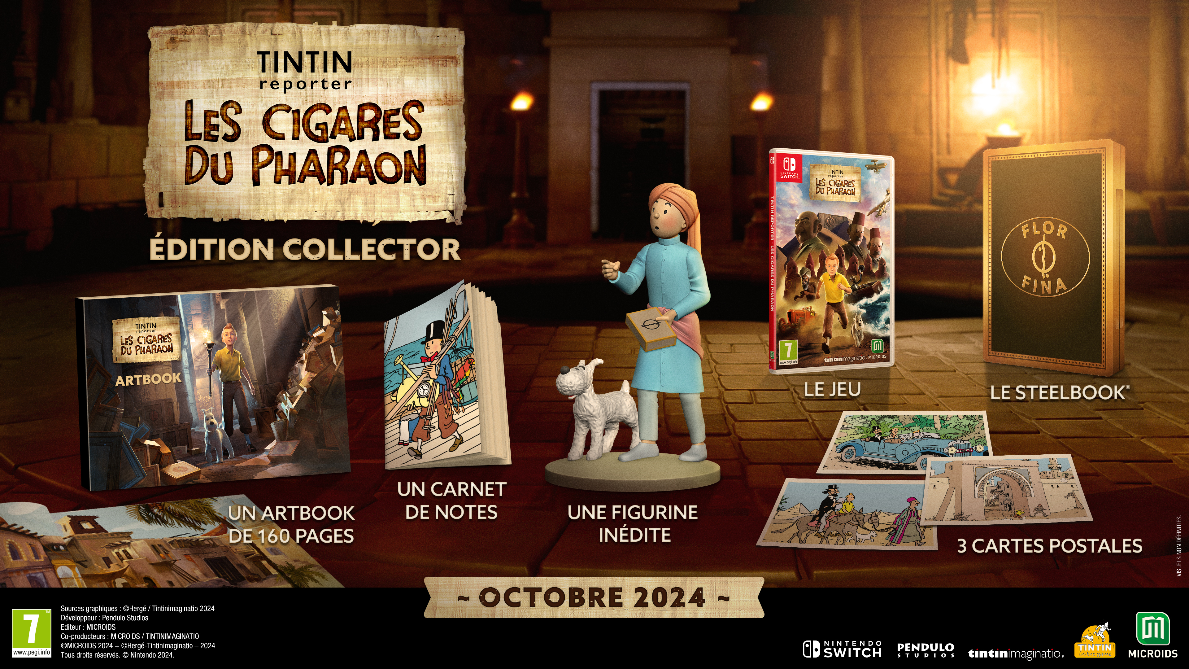 Edizione da collezione con gioco di Tintin, artbook, taccuino, statuetta e cartoline.