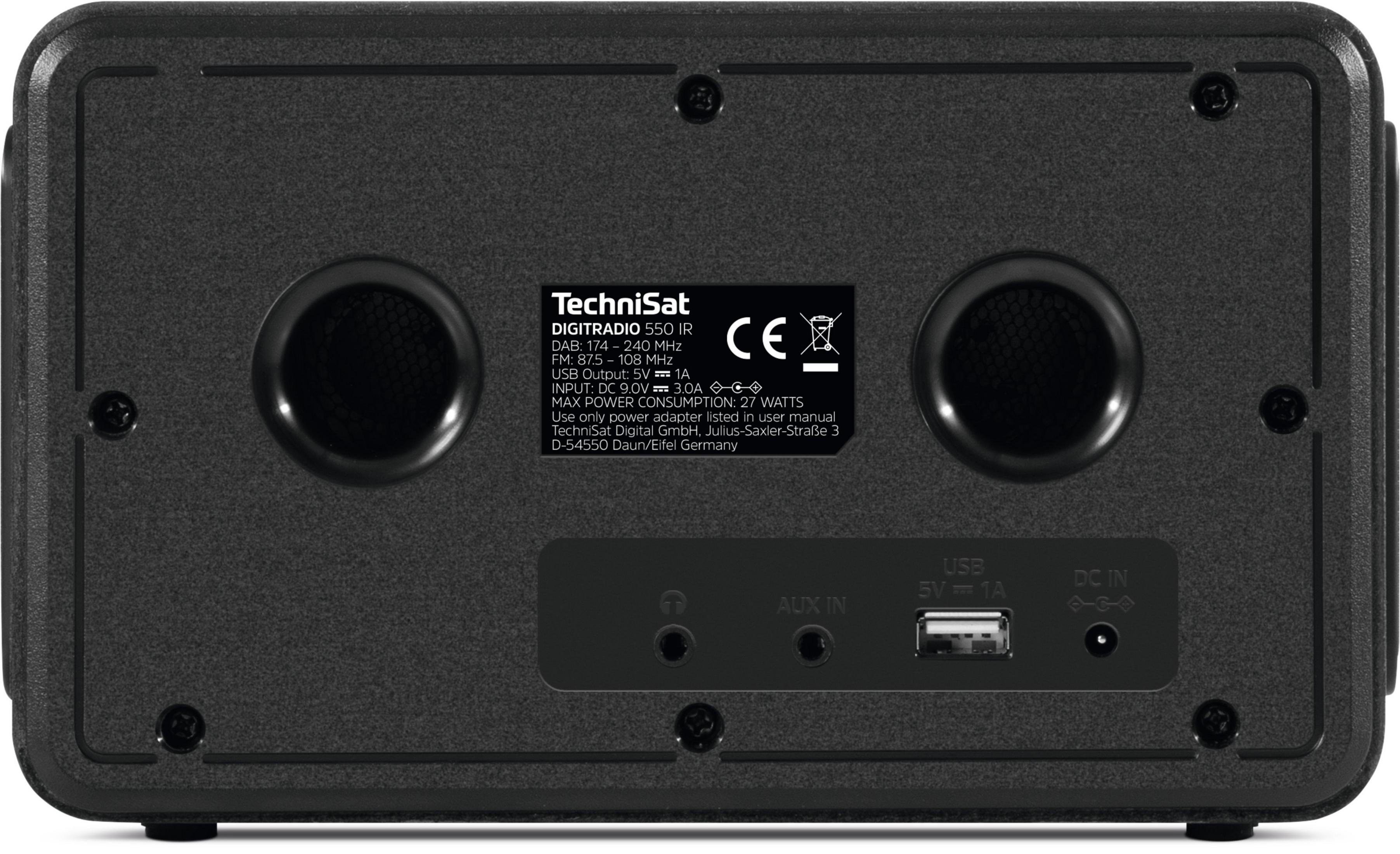 Tył czarnego radia TechniSat z głośnikami, portami i oznaczeniami.