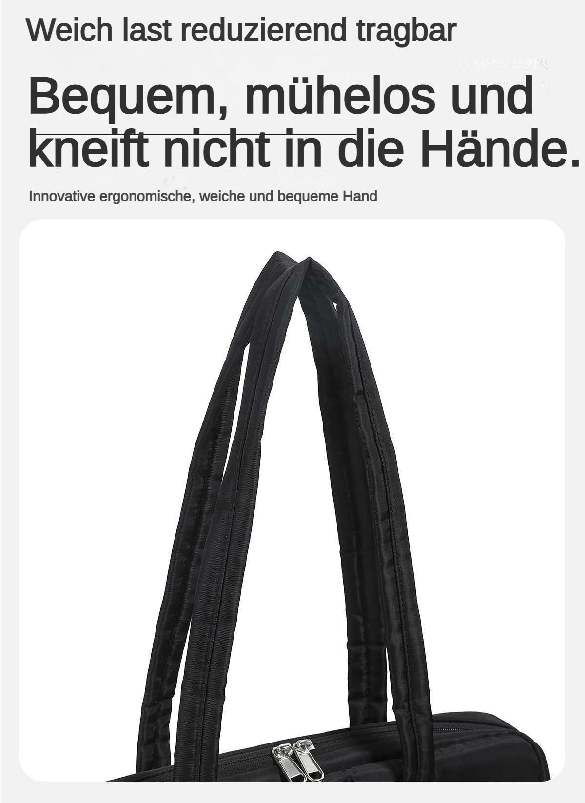 Schwarze Taschengurt-Nahaufnahme mit Reißverschlüssen unten.