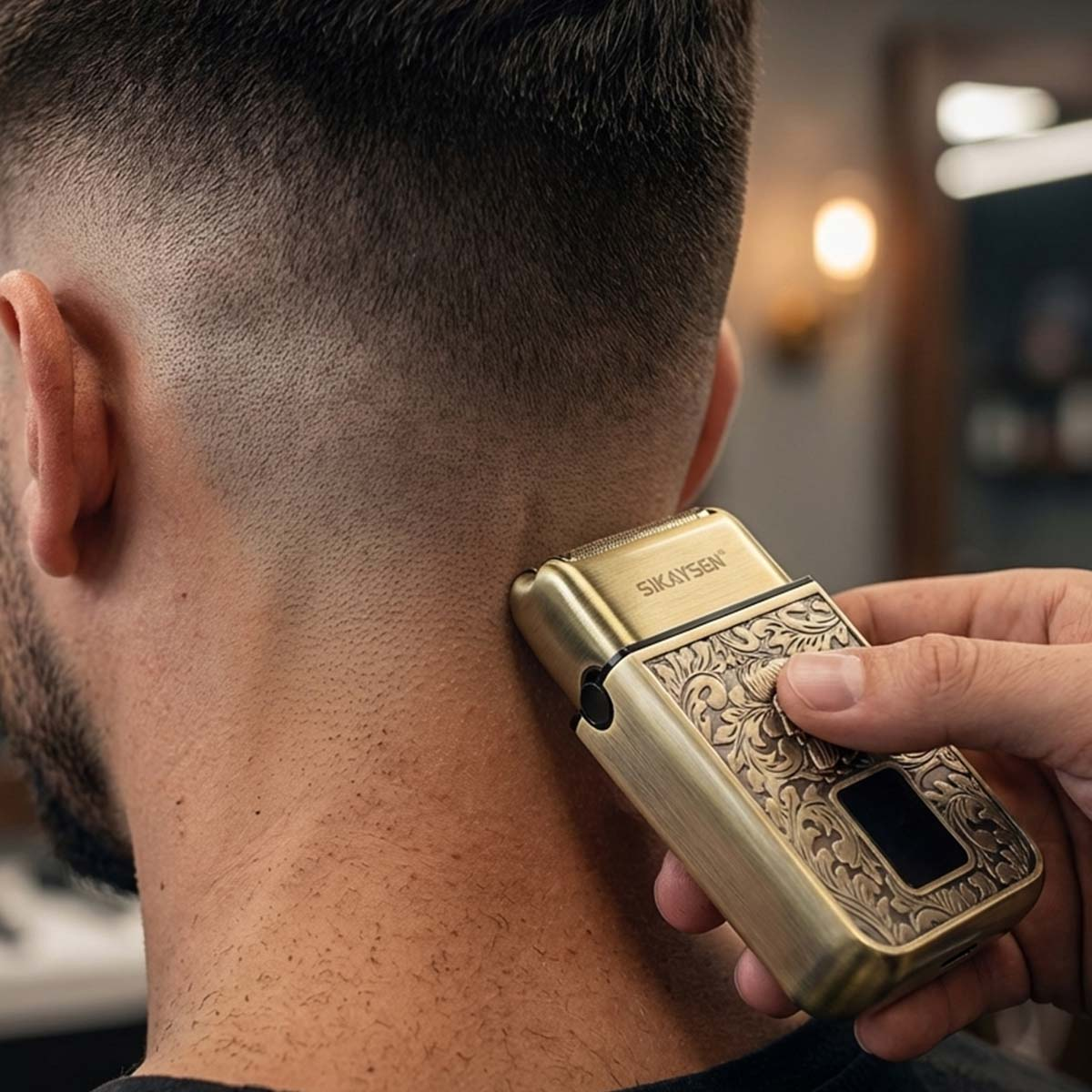Goldener Rasierer wird am Nacken eines Mannes verwendet, um die Haare zu trimmen.