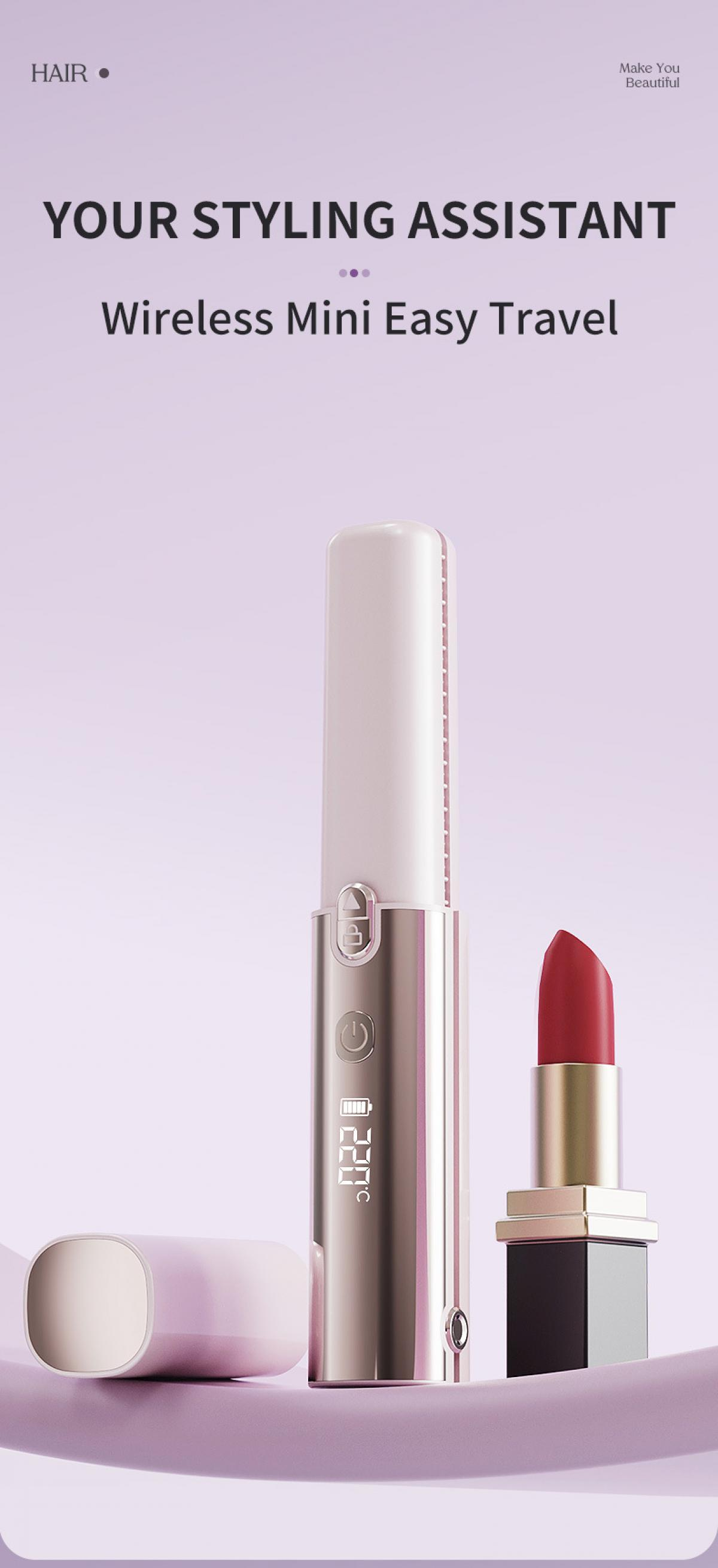 Ein rosa Haarstyling-Gerät und ein roter Lippenstift auf lila Unterlage.