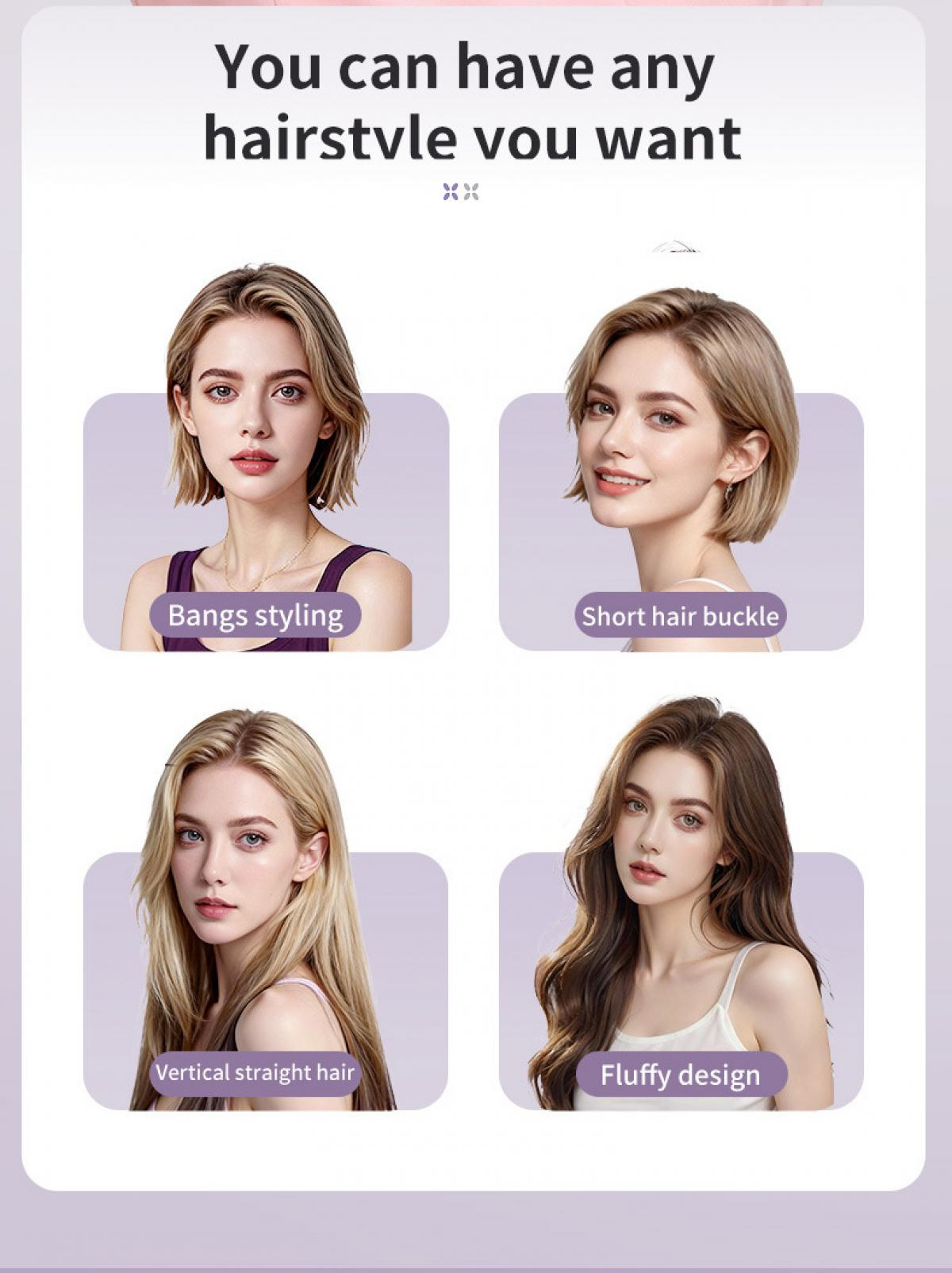Vier Frauen mit verschiedenen Frisuren: Pony, kurzer Bob, lange gerade Haare, lockiges Haar.