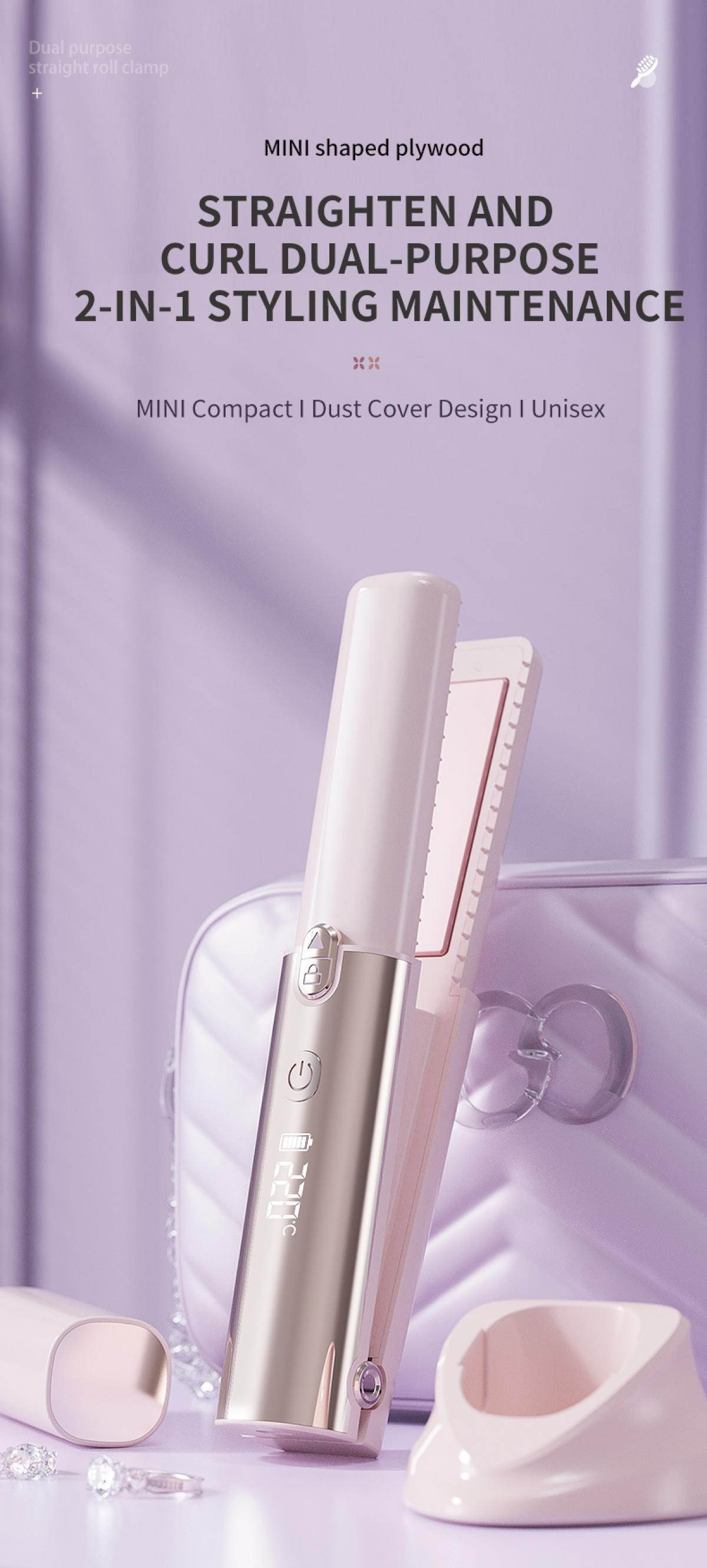 Ein rosa Glätteisen mit digitaler Anzeige und Ständer, umgeben von Schmuck und einer Tasche.