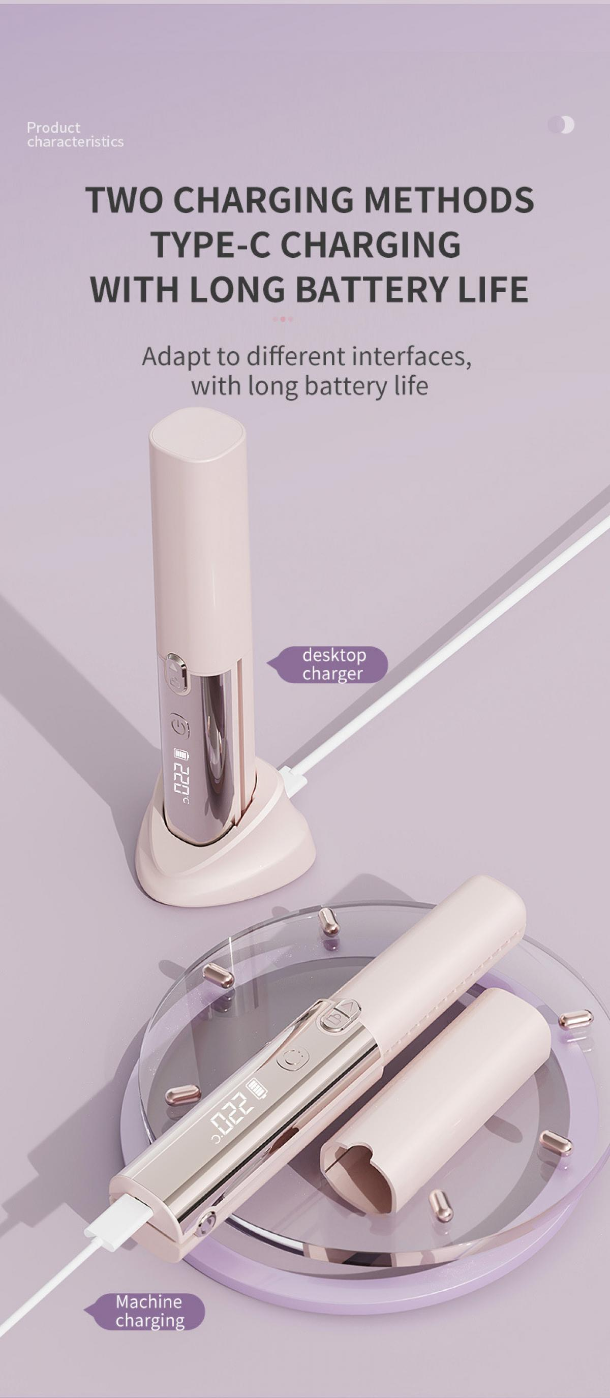 Ein rosafarbenes Gerät mit einem digitalen Display wird auf einem Ladeständer und einem Kabel geladen.