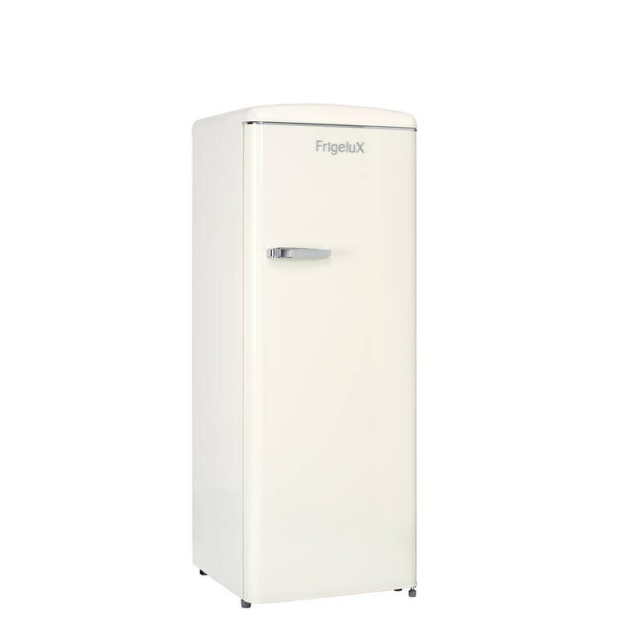Ein cremefarbener Kühlschrank mit Chromgriff und dem Logo FrigeluX.