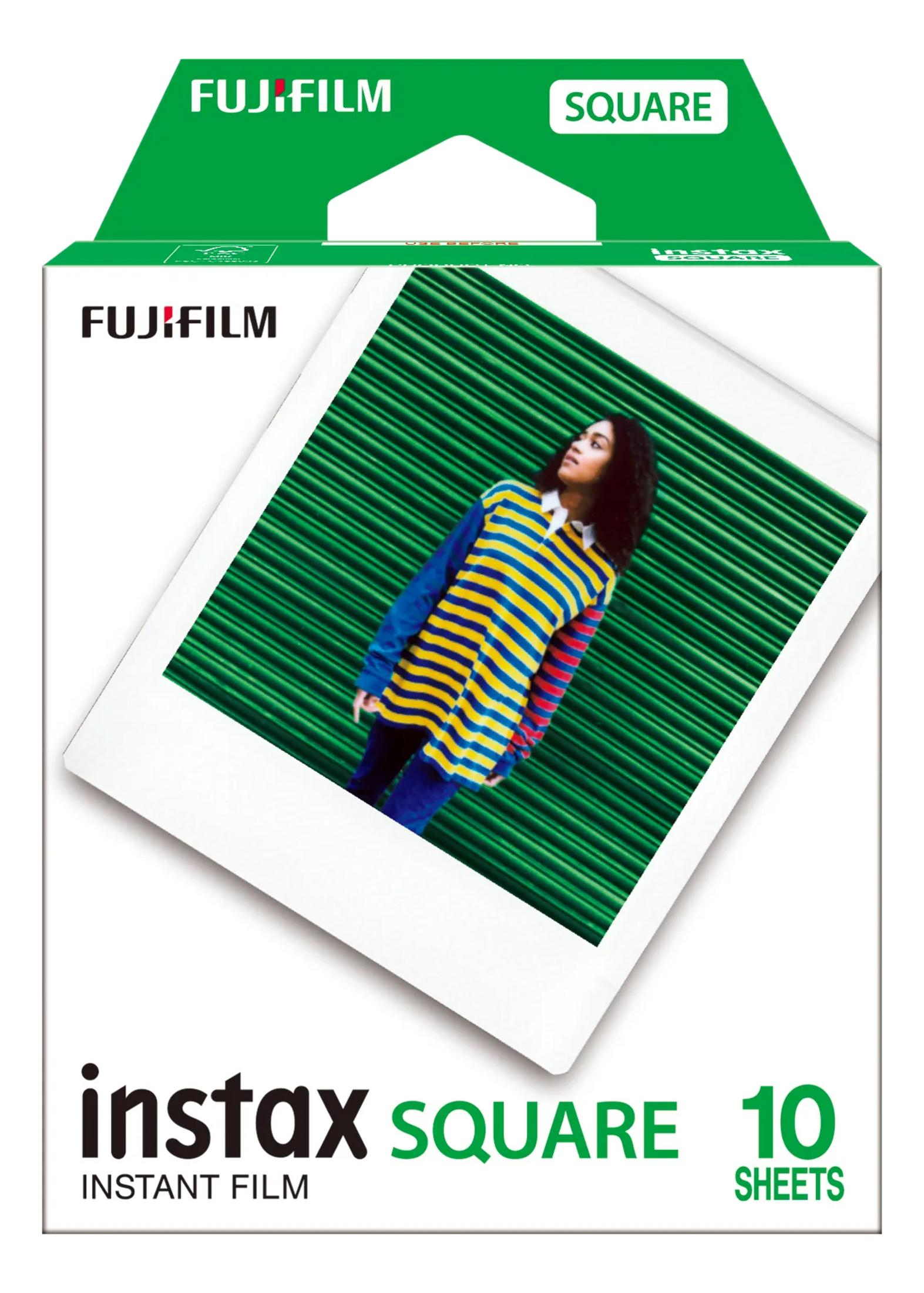 Fujifilm Instax Square 10 vellen instantfilm doos met foto van vrouw.
