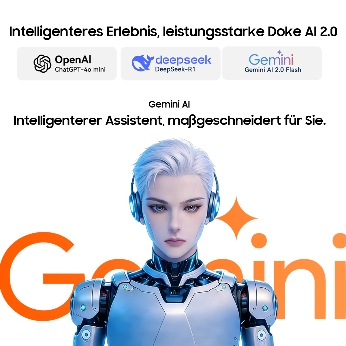 Ein KI-Assistent mit weißen Haaren und Kopfhörern, umgeben von Logos.