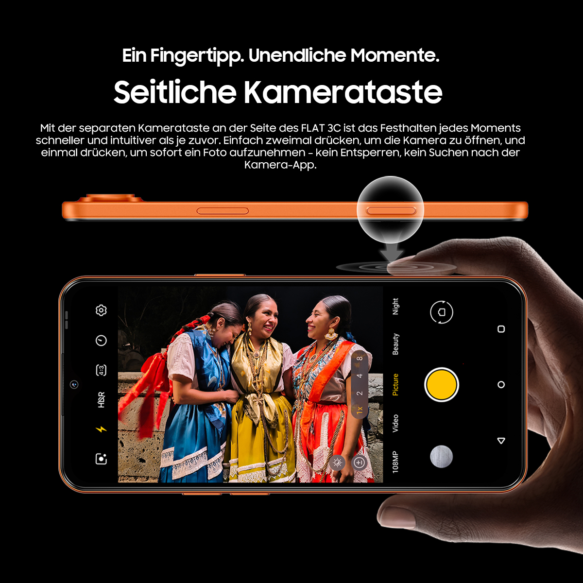 Orange Handy mit Kameraansicht von drei Frauen in Tracht.