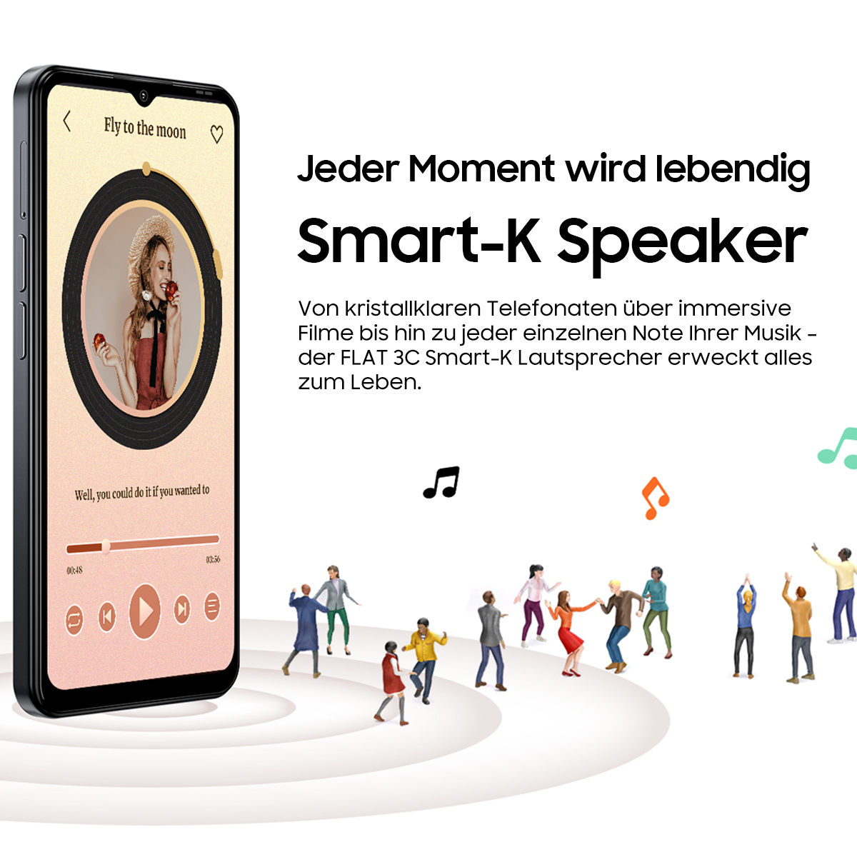 Ein Smartphone zeigt Musikwiedergabe; daneben tanzen kleine Figuren.